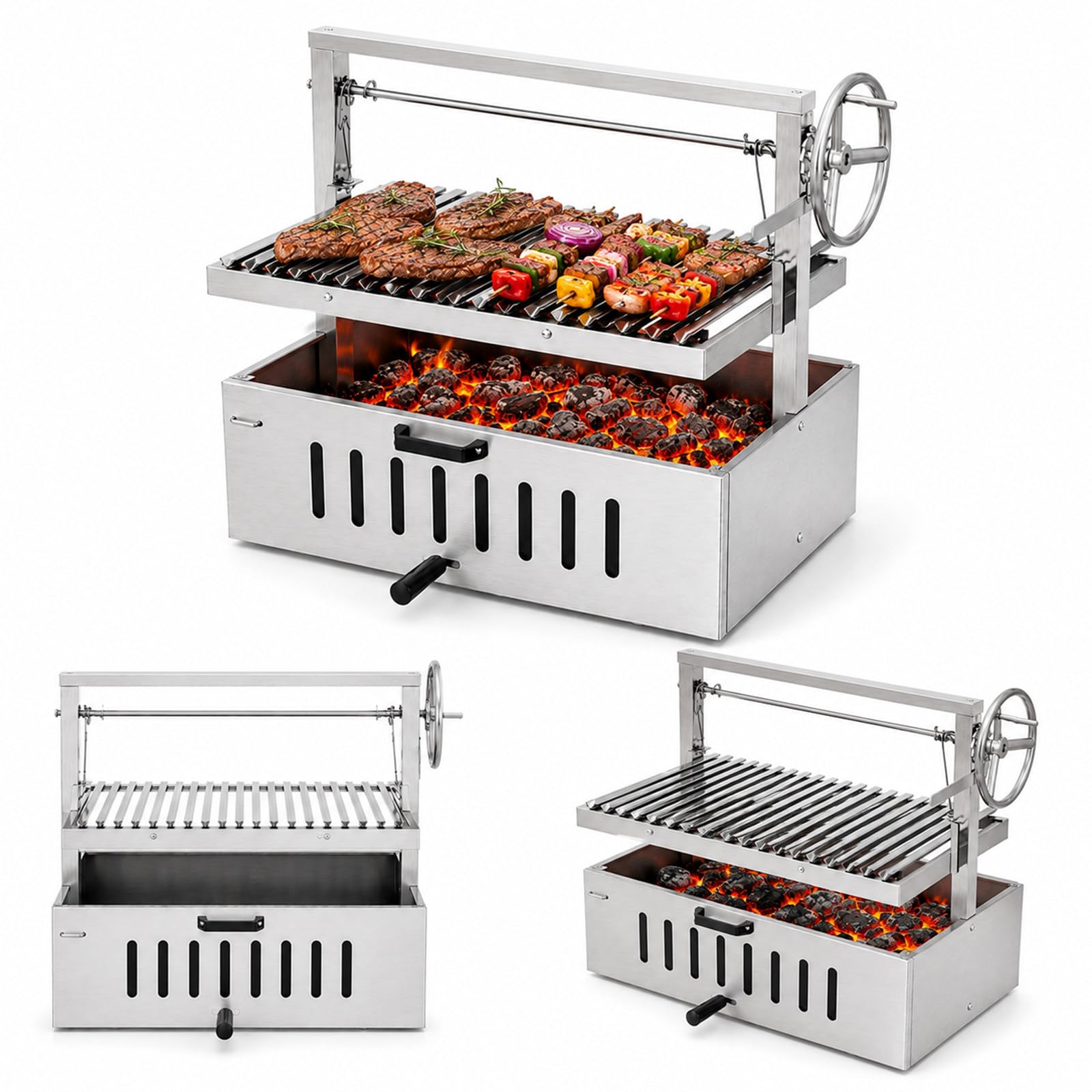 Grill Santa Maria Stile Argentino a carbonella, griglia a V Regolabile in Altezza con manovella, Acciaio Inox per Giardino, terrazza e Cucina all'aperto