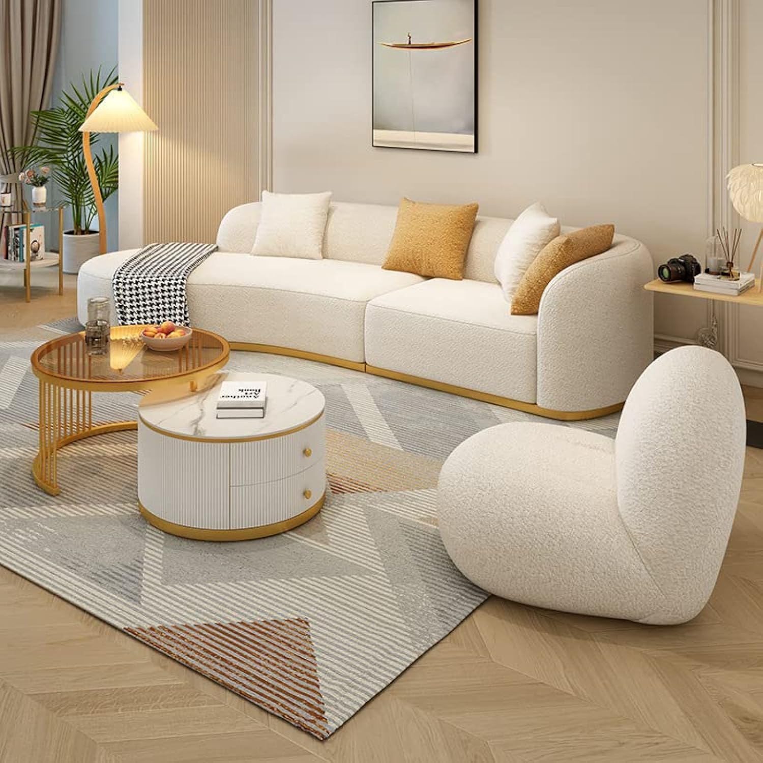 Lamb Fleece Sofa Set modern Nordic Style Sofa Living Room Cafe Hotel Shop Home Furniture (One Side Arc 220cm For 3 Seat)