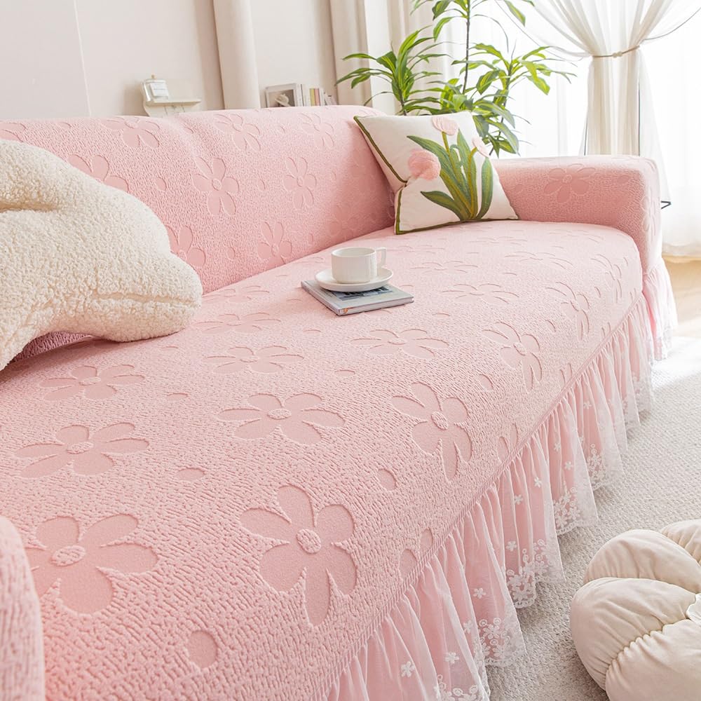 Sofabezug 1/2/3/4/5-Sitzer, Dicker rutschfest Sofa Überzug Sofaschoner - Elastischer Blume Jacquard Samt Sofa Bezug mit Armlehnen(Pink,2 Seater)