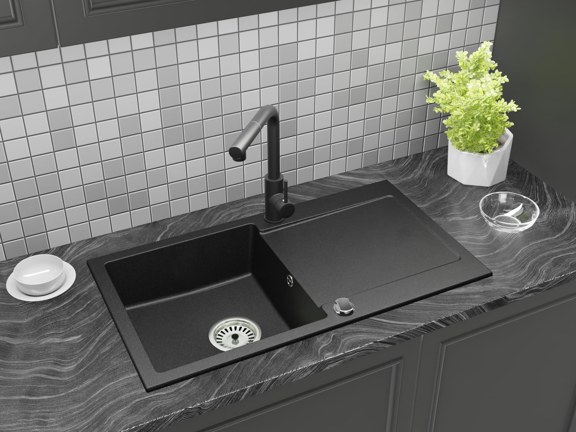 Faizee Home | Granitspüle 90x50 cm – Reversibles Spülbecken mit Abtropffläche inkl. Siphon & Drehexzenter | Kratzfest, hitzebeständig & für 45 cm Unterschränke (Side, Schwarz Gesprenkelt)