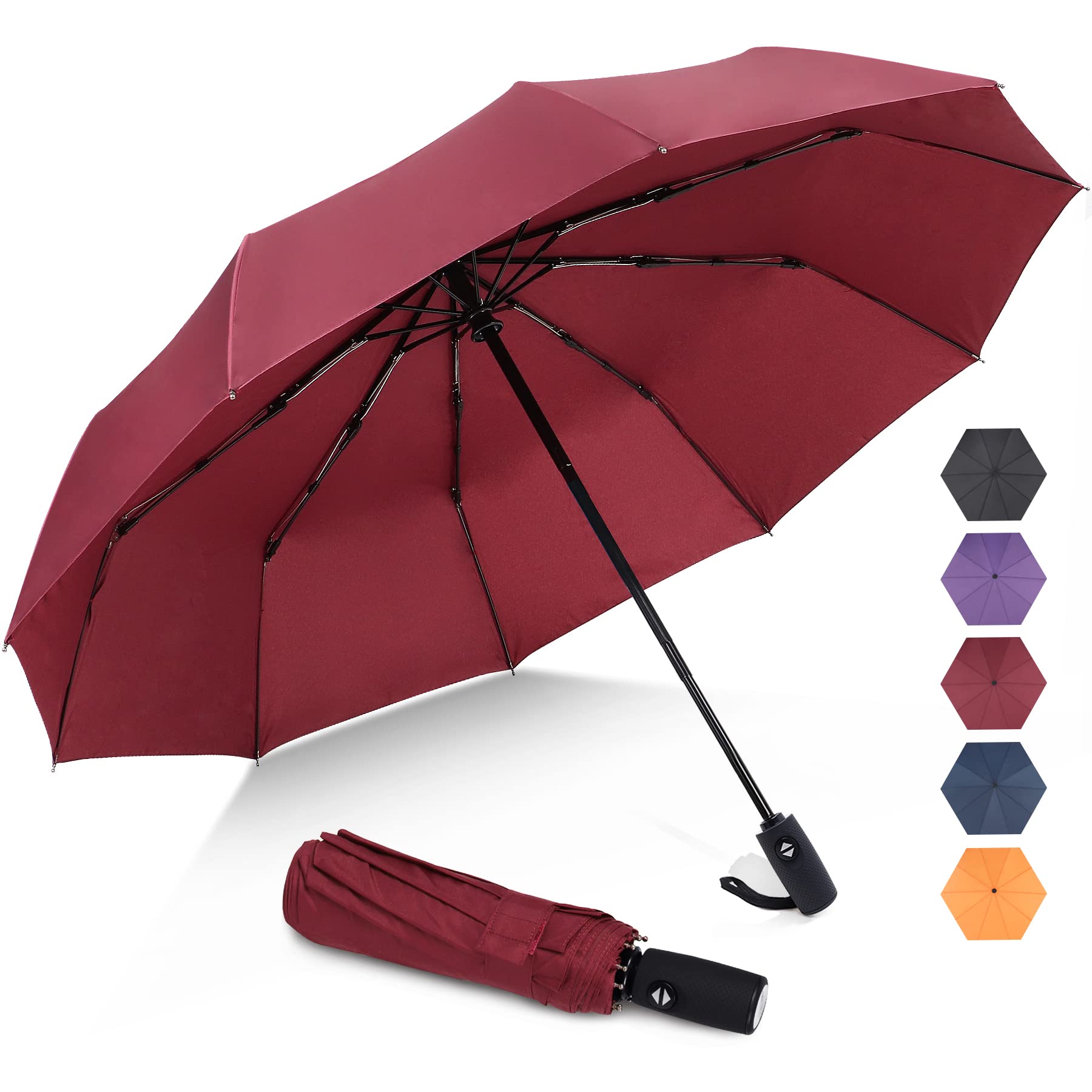 Travel Umbrella for Rain, Windproof Auto Open Umbrellas, Compact Folding Portable for Men Women Seniors Reinforced Frame Quick Dry(10 Ribs)