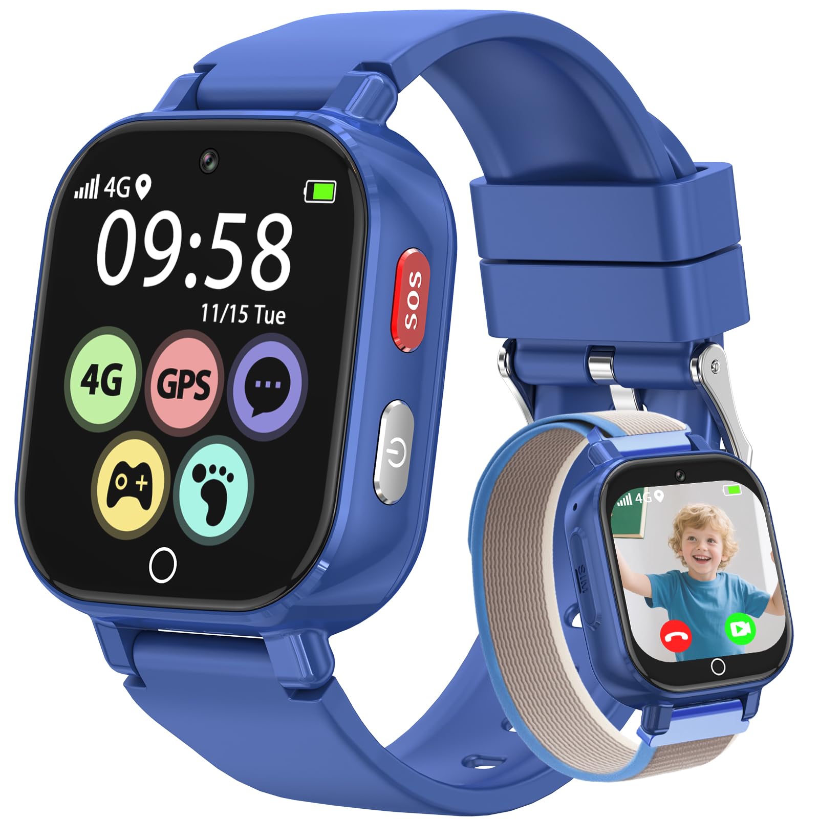 Alutoria Reloj Inteligente niños-Reloj con GPS y Llamadas 4G | Videollamadas Chat de Voz Mensajes SOS WiFi Juegos Podómetro-Reloj Smart Watch Niños Regalos 4-13 Azul