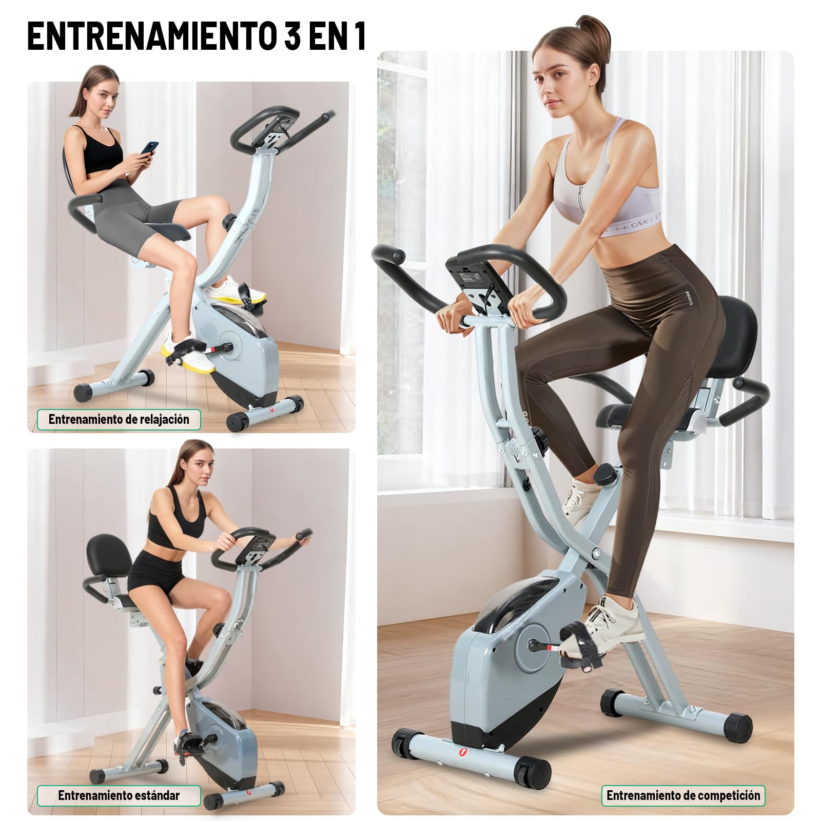 ISE Bicicleta estática plegable con respaldo acolchado, asiento ajustable,pedaleo silencioso, Bici Estatica Plegable con 8 niveles de resistencia,Exercise Bike con LCD pantalla, Bluetooth y APP