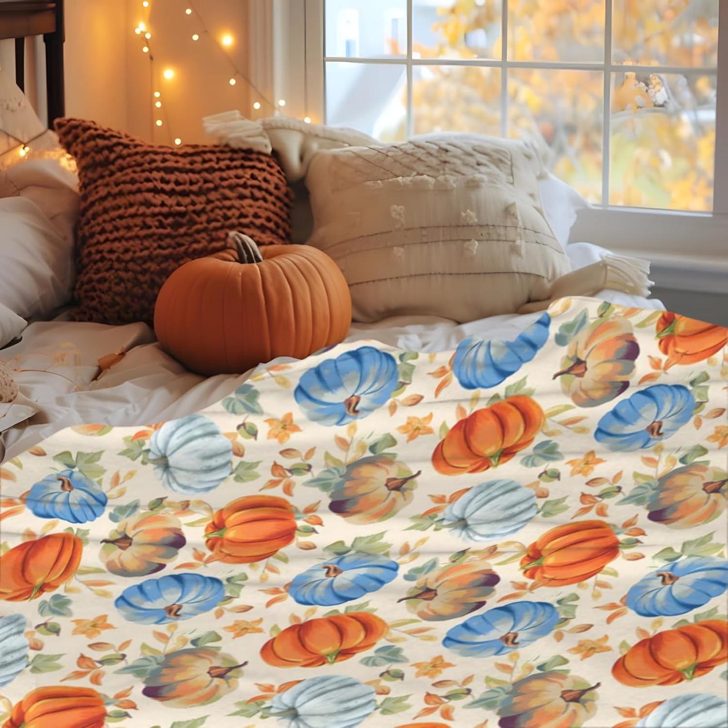 Autumn Fall Orange Pumpkins Throw Blanket, Lightweight Anti-Pilling Flannel Throw Blankets, Orange Leaves Soft Warm Aldult Fleece Blanket for Living Room Couch Sofa Bed Chair (60"X50") - Image 5
