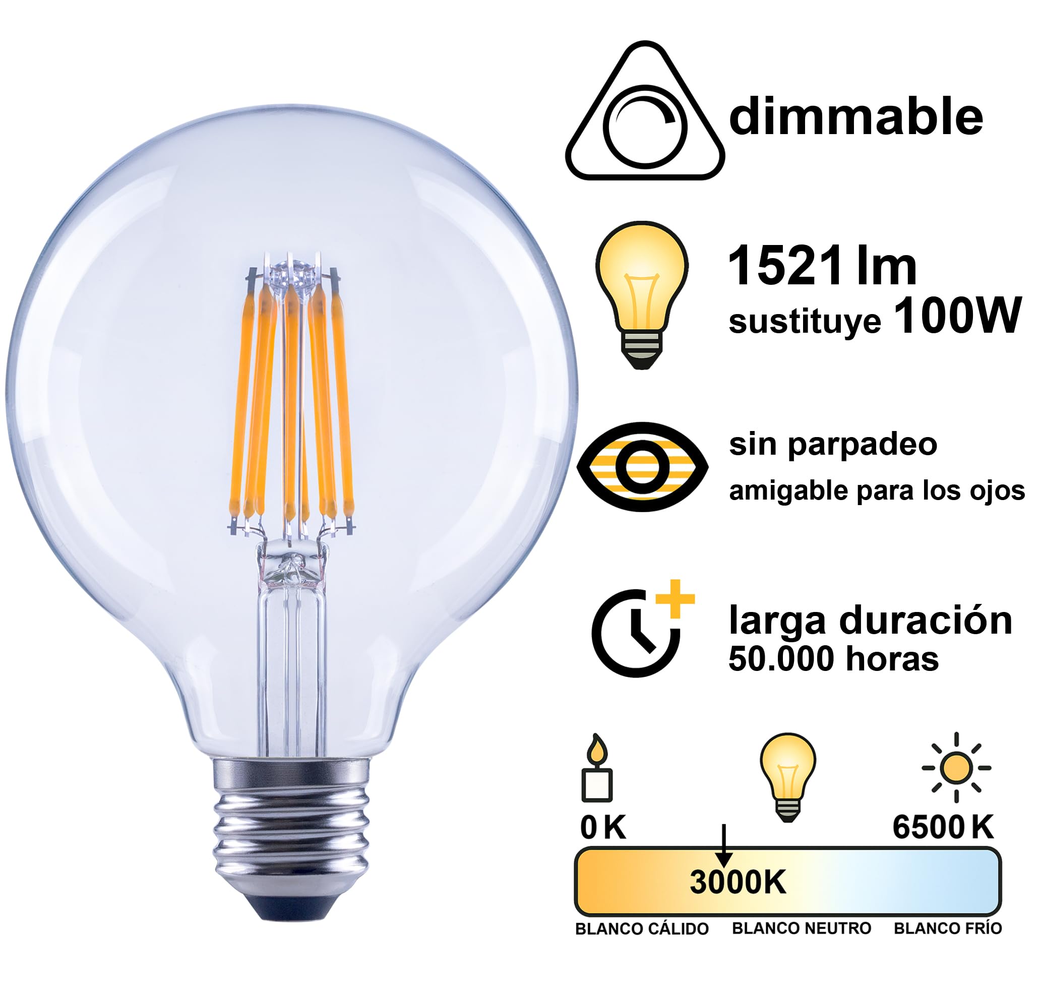 greenandco 4x bombilla de filamento LED | transparente | regulable | E27 G95 | 7,2W 1521lm | sustituye 100W | 3000K blanco cálido | 320° | 230V | sin parpadeo | Clase de eficiencia energética A