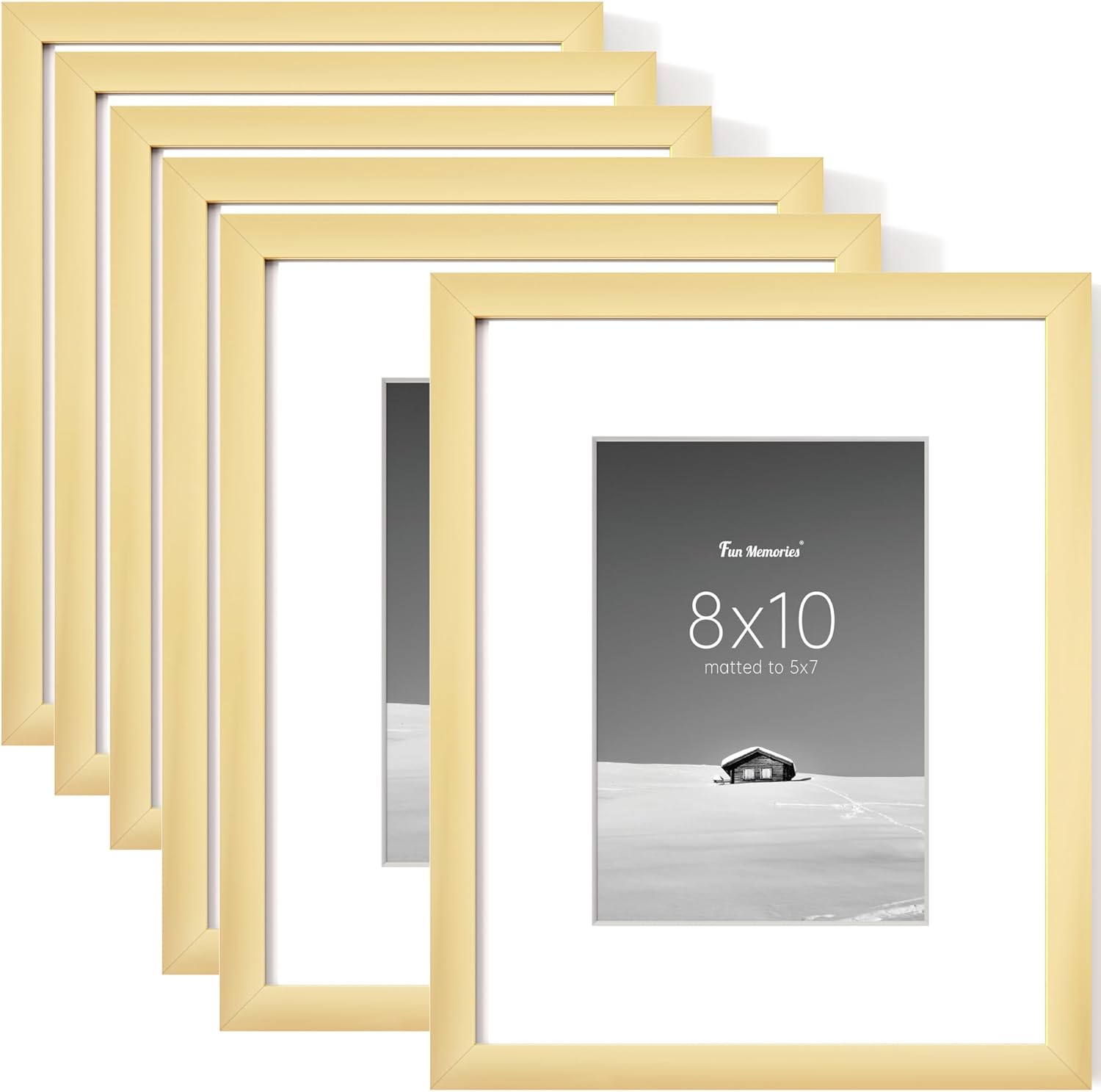 Fun Memories 8x10 Picture Frame Set of 6, Display Pictures 5x7 with Mat or 8x10 Without Mat, 8 x 10 Frame for Photos, Posters & Art Prints, Gallery Photo Frames for Wall & Tabletop Display, Gold