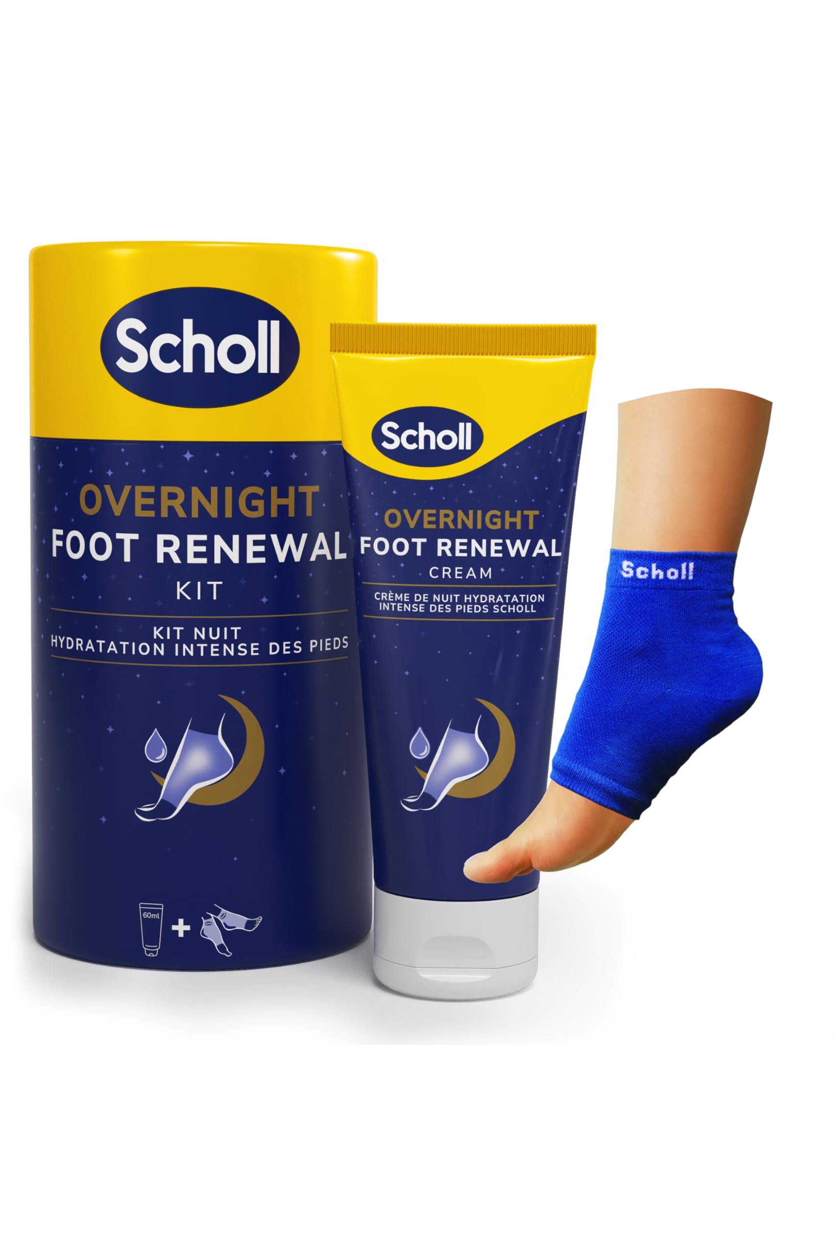 Scholl Kit de cuidado nocturno de los pies - Crema para el cuidado de los pies de 60 ml - Taloneras de gel reutilizables 1 par - Hidrata los pies secos - Resultados visibles en 1 noche