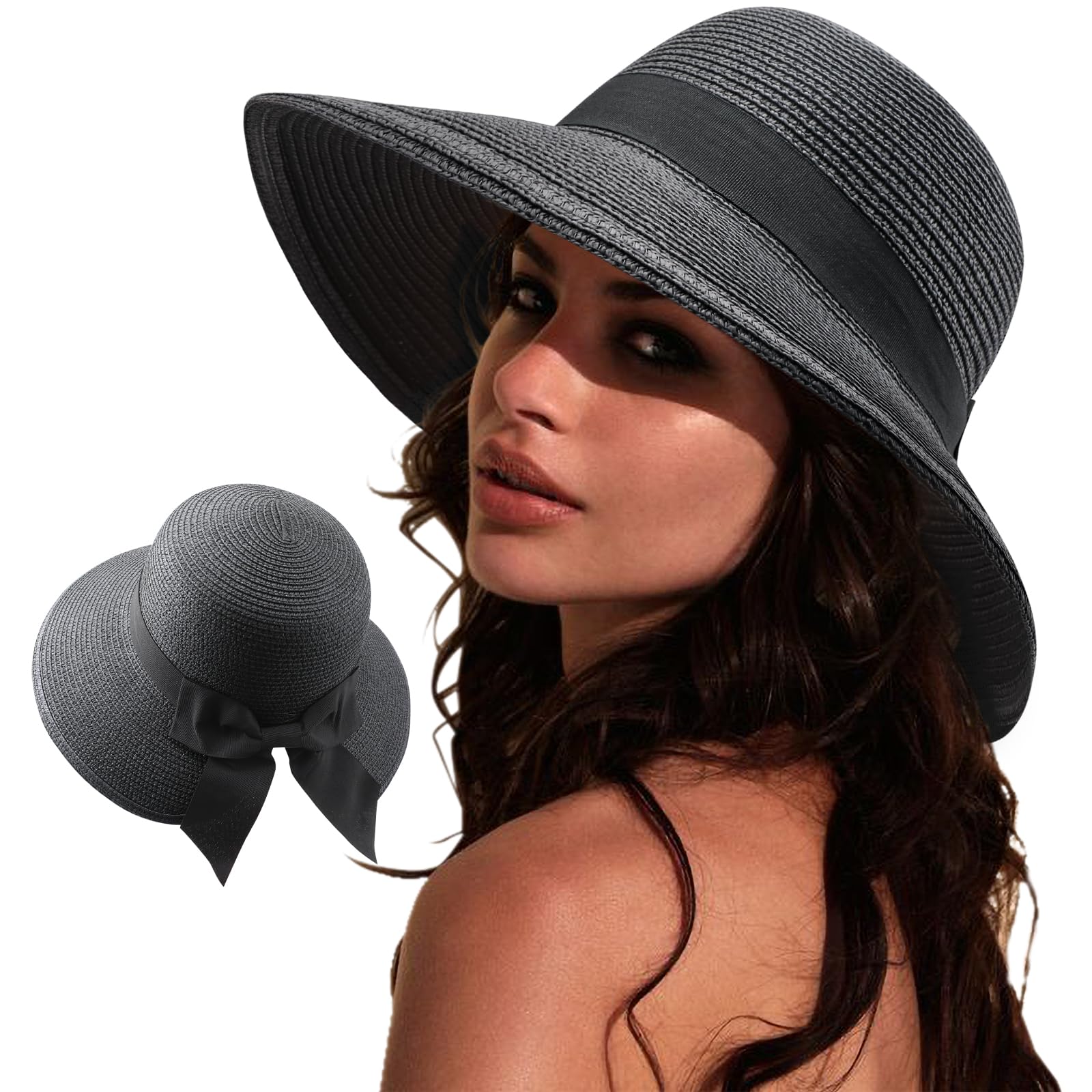 DRESHOW Sun Hats for Women Travel Fedora Foldable Beach Sun Hat Summer Wide Brim Straw Bucket Hat with Bowknot UPF 50+