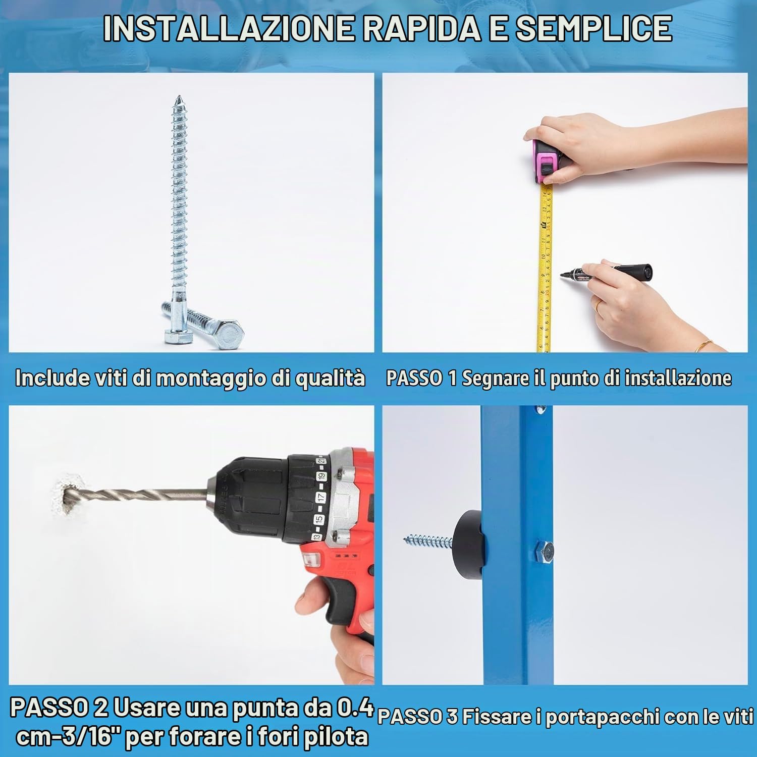 Sinoer Scaffalatura da garage in legno, con rivestimento blu spruzzato, in acciaio resistente, con montaggio a parete a 3 strati, per interni ed esterni, confezione da 4