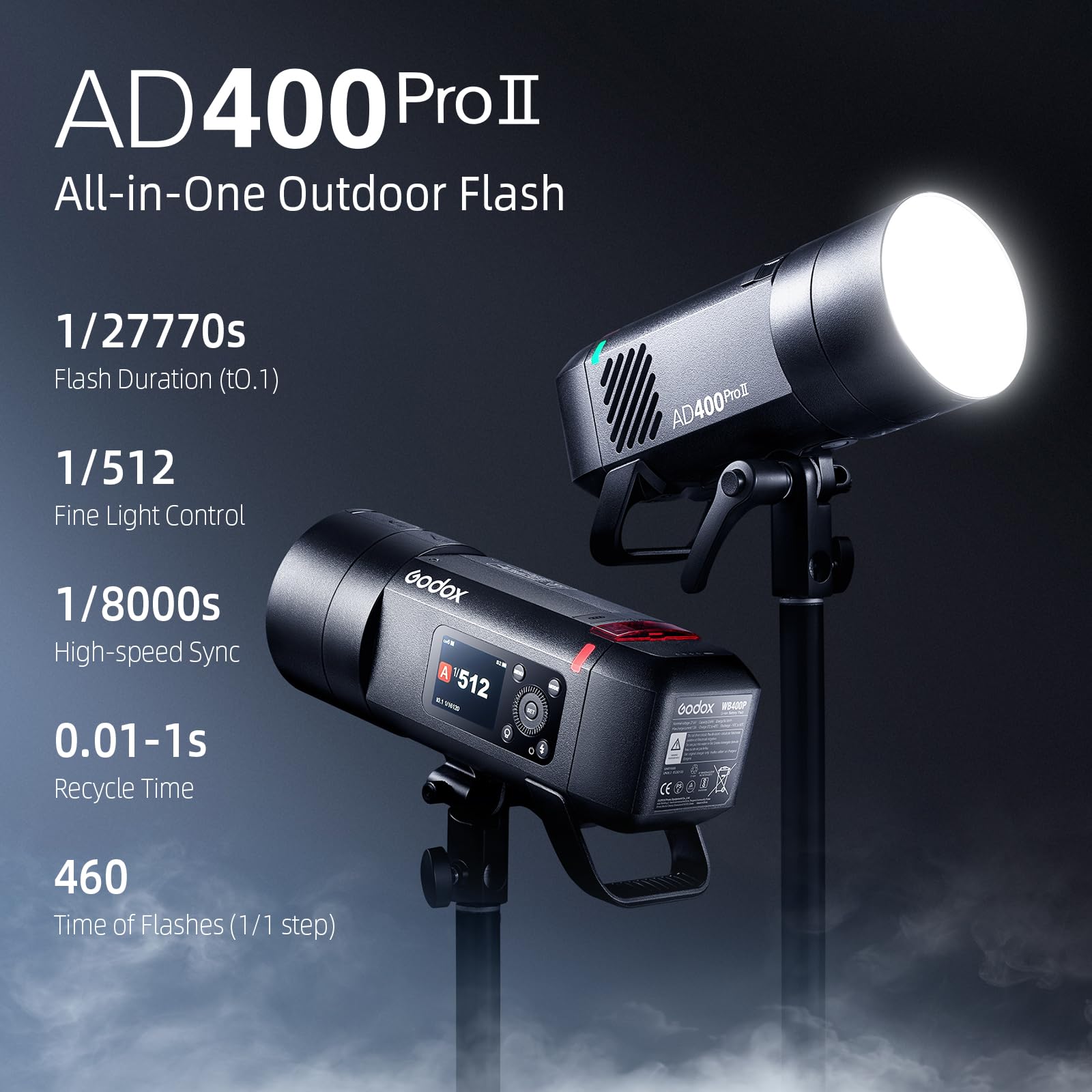 Godox AD400Pro II AD400ProII Blitzgerät, GN72 400 Ws 2,4 G TTL 1/8000s HSS, One-Tap Synchronisation mit X3 Auslöser, 16 Farbgruppenanzeige, Bi-Color Modellierlampe