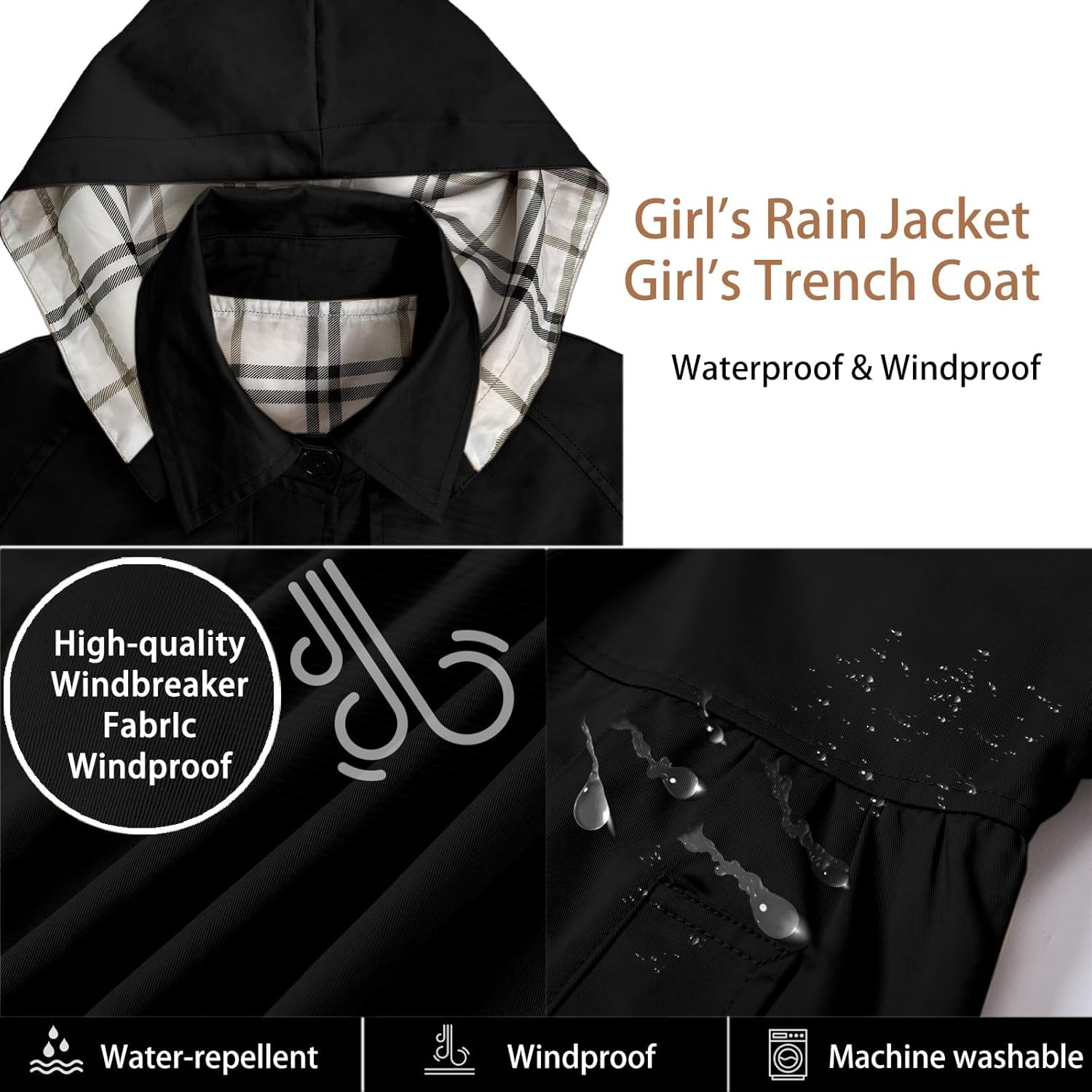 Betusline Girl's Rain Jackets Lightweight Waterproof Hooded Trench Coat Raincoats for Kids,2-14 Years - Image 4