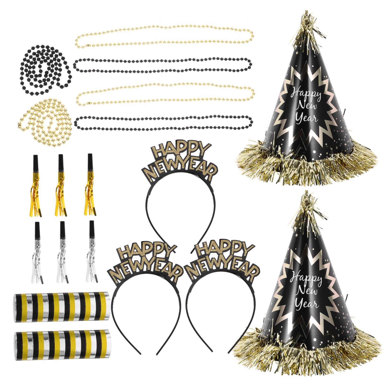 Neujahr Partyset mit Beaded Necklace Papierhüten Stirnband und Krachmachern Leichte Silvester Deko für Erwachsene Wiederverwendbares Material Perfektes Partyzubehör für