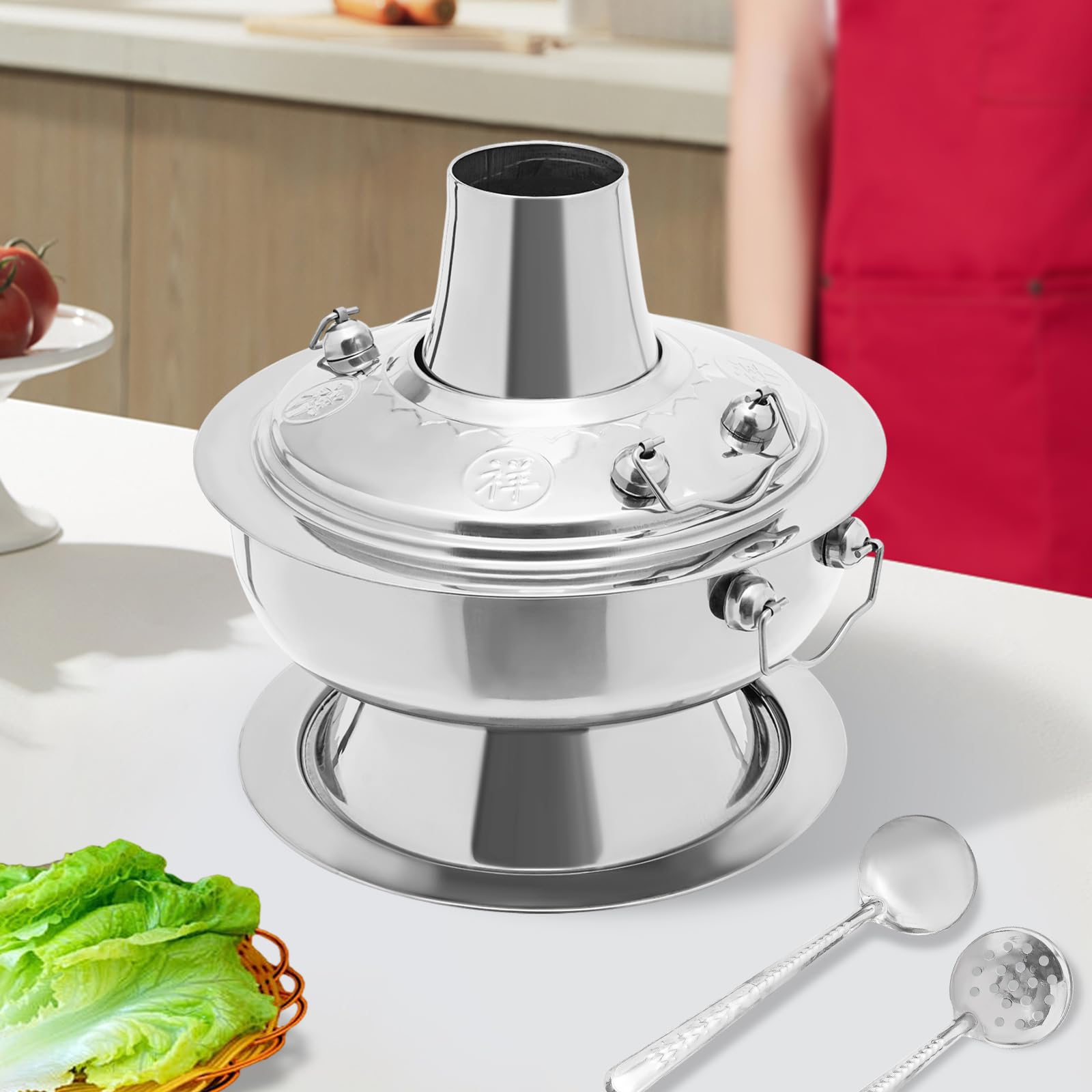 Chinesischer Holzkohle-Hotpot 2.3L Edelstahl Vintage mit Schornstein, Suppenlöffel und Sieb für Haushalt Restaurants (Silber)