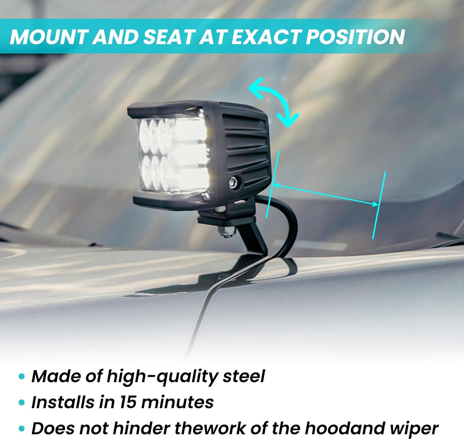 Close-up of a ditch light mounted on the bracket, showing precise positioning on the vehicle's hood