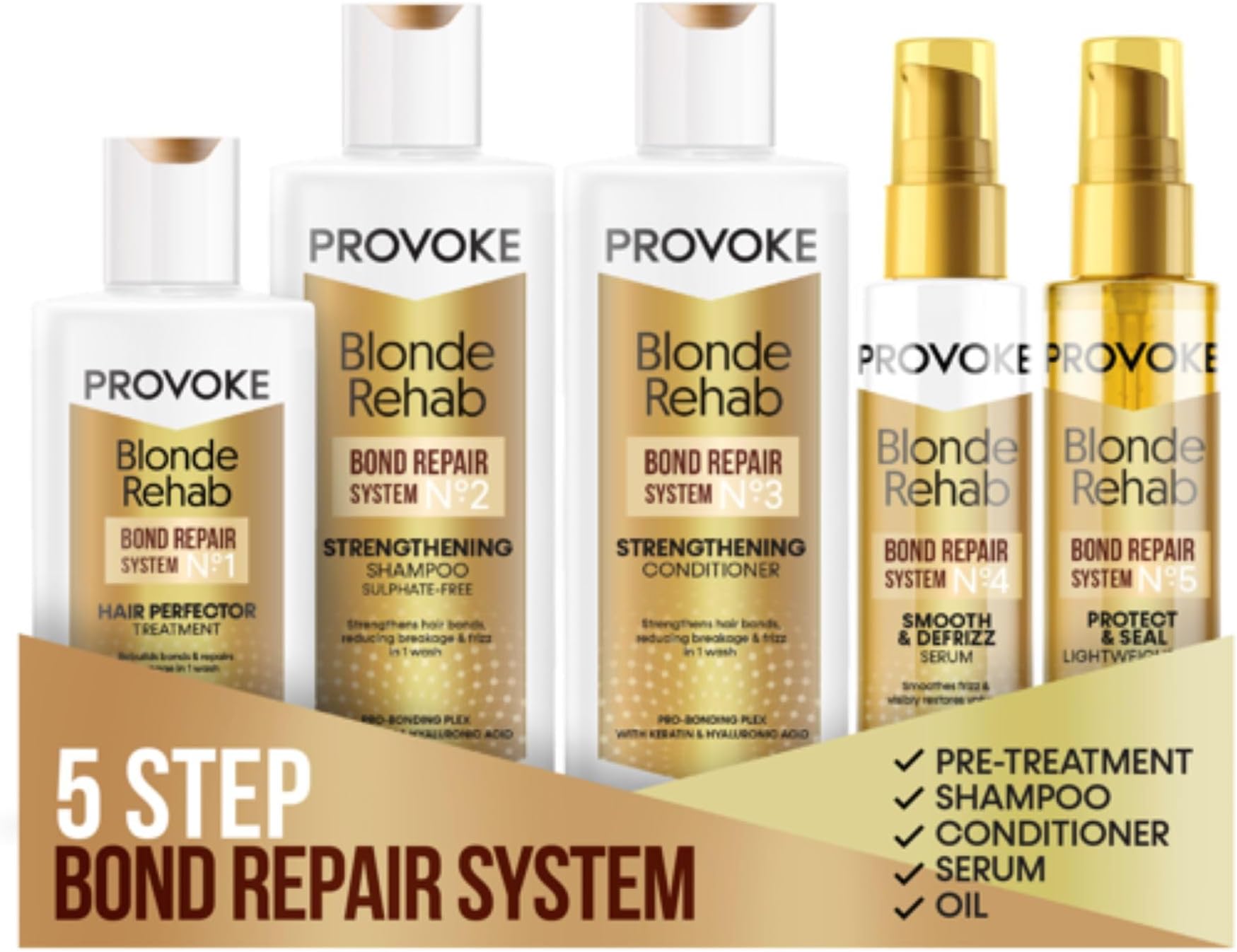 PROVOKE Blonde Rehab Bond Repair System, 5 Steps Hair Perfector Treatment, Shampoo, Conditioner,Serum and Oil, Reverse Damage in 1 wash, formulated with Pro Bonding Complex,Keratin and Hyaluronic Acid
