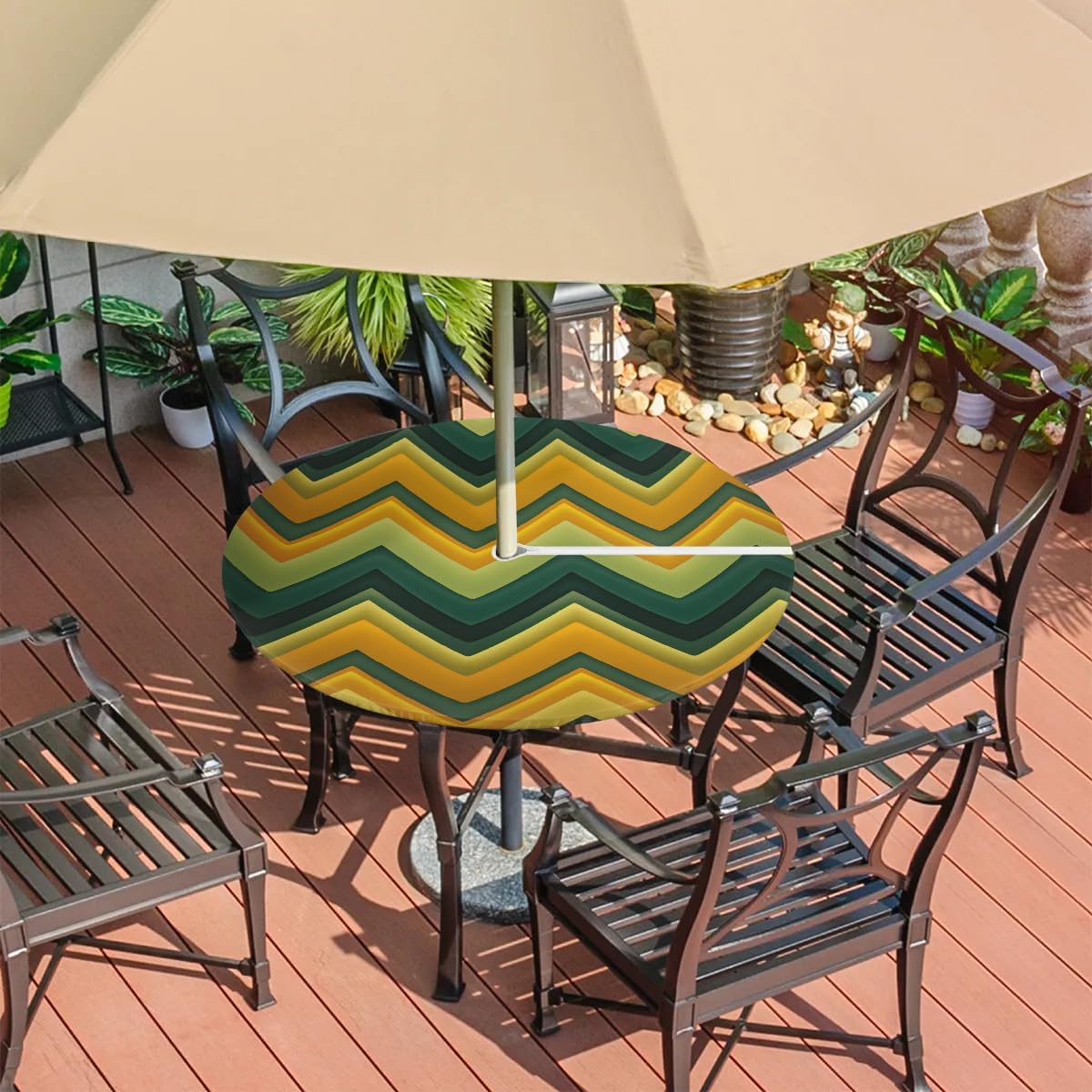 Yellow Green Waves Pattern Outdoor Tablecloth with Umbrella Hole and Zipper Round Tablecloth Waves Pattern Patio Table Cover Waterproof Fitted Table Cloth for Picnic Party 45-56 in