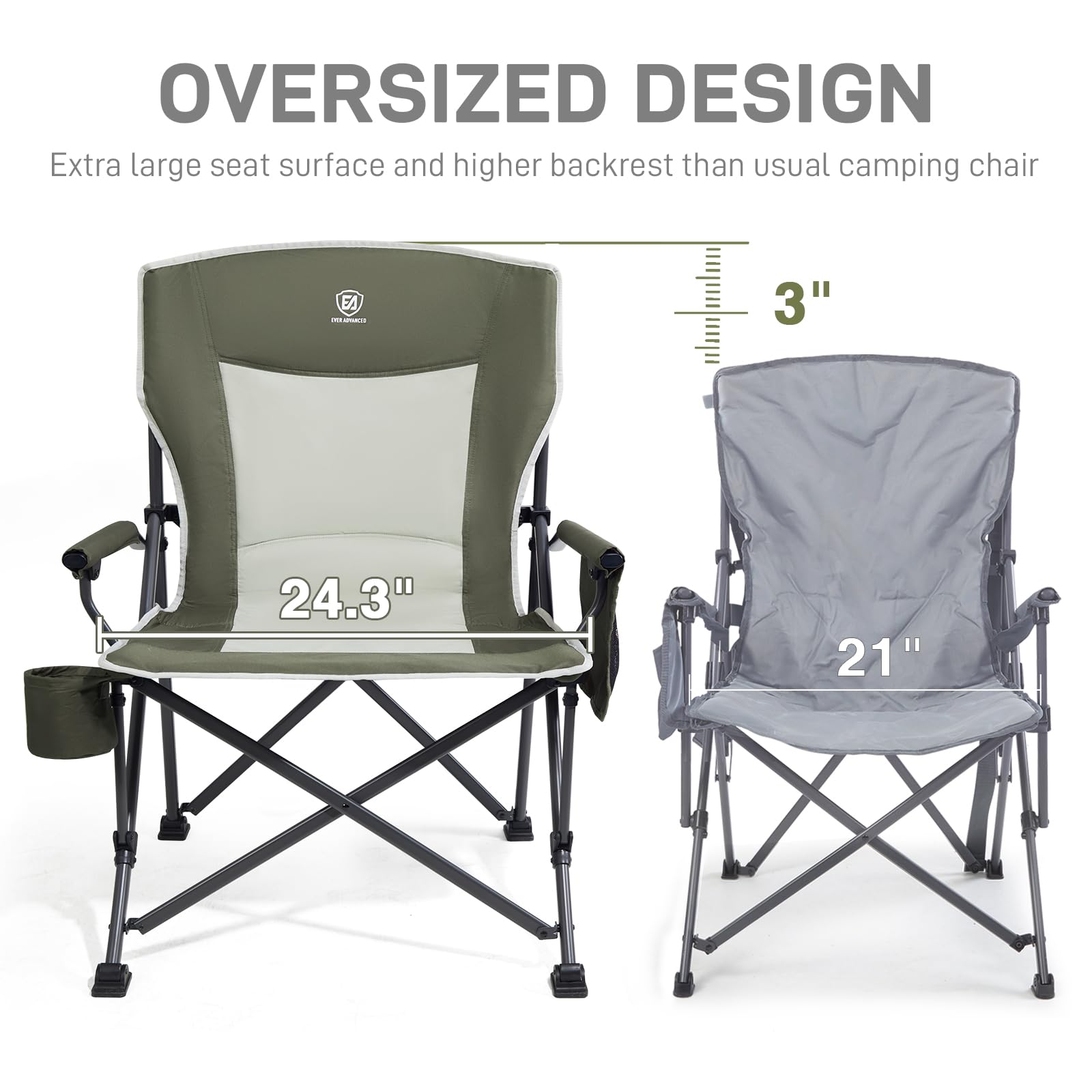 EVER ADVANCED Krzesło kempingowe, składane, obciążenie 230 kg, rozmiar XL, szerokość siedziska 62 cm, z kieszenią boczną, uchwytem na napoje, bardzo duże, składane krzesło wędkarskie, na kemping, na