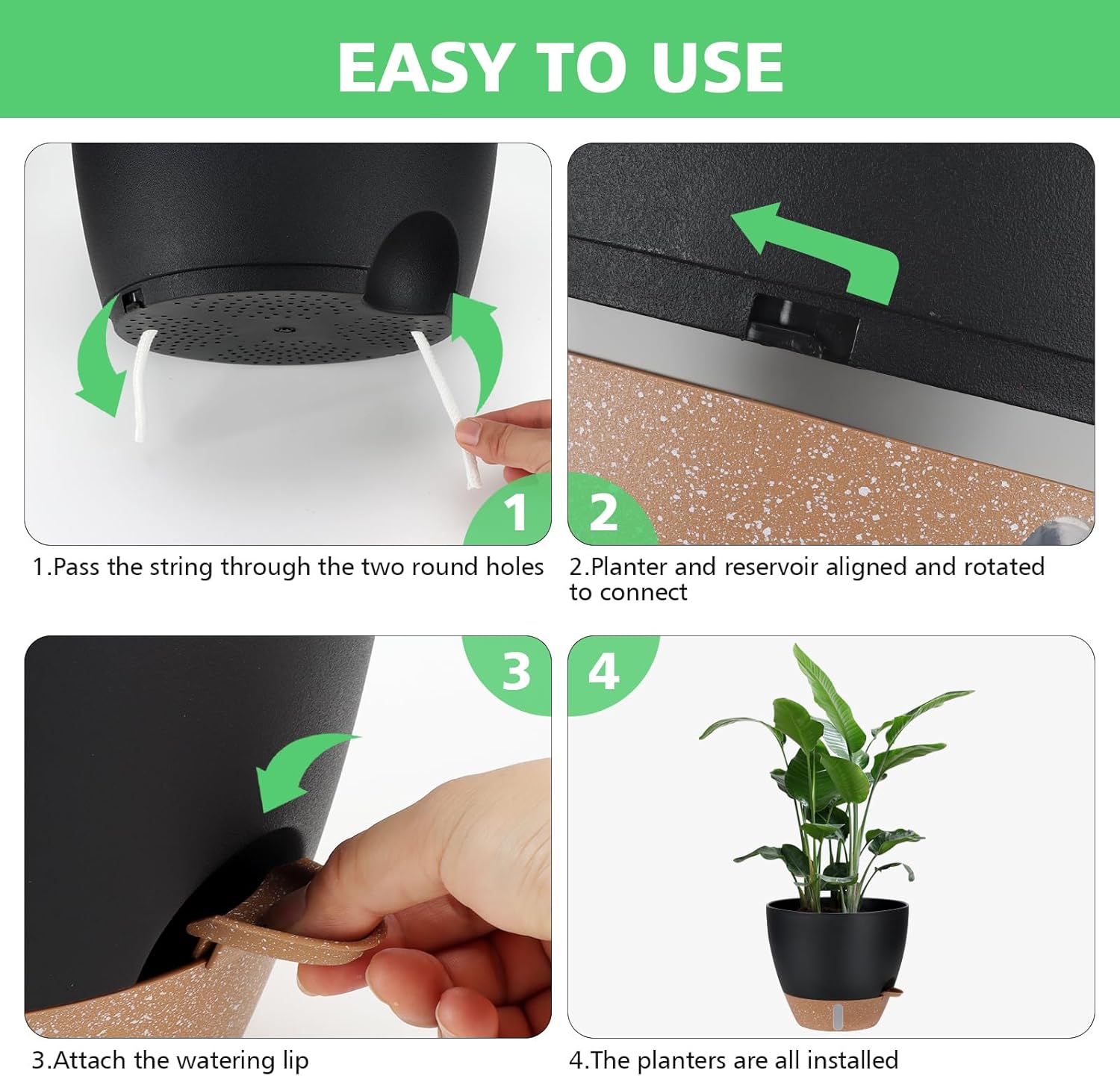 12" 10" 9" 8" Self Watering Pots with Water Level Indicator, Large Plastic Planters Set with Mesh Drainage Hole and Removable Saucer Reservoir, Big Flower Pot for Indoor Outdoor Plants (Black) - Image 7