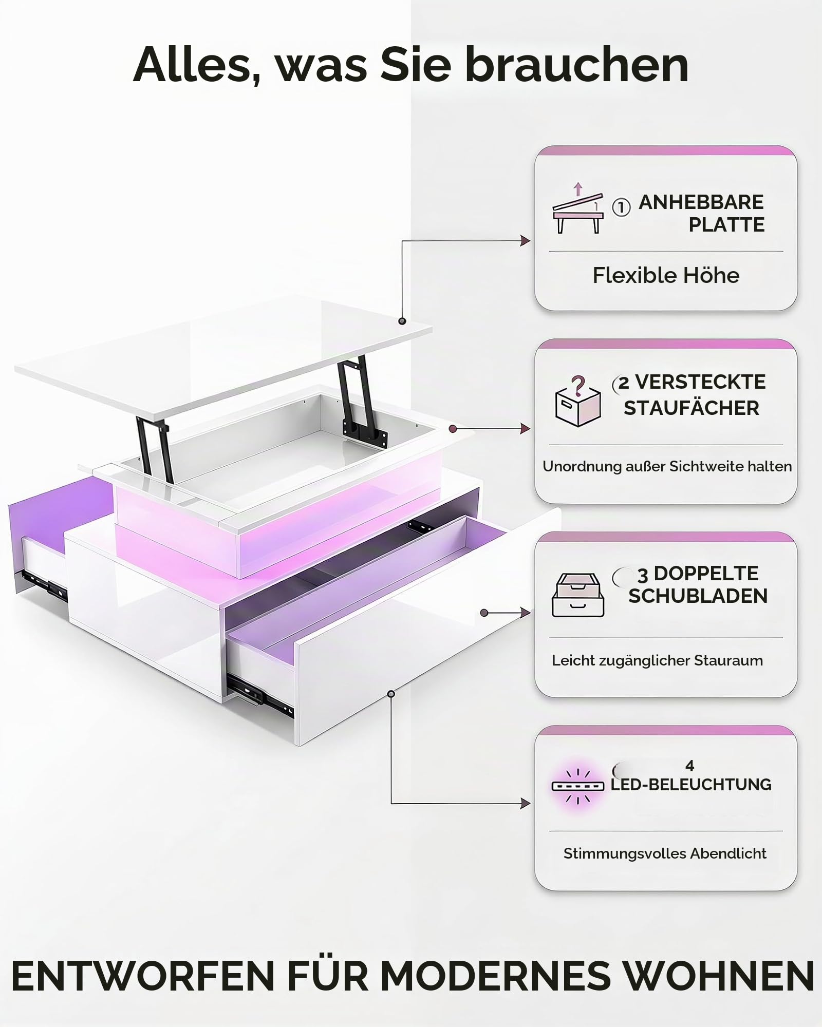 Couchtisch Höhenverstellbar Weiß Hochglanz, Couchtisch Aufklappbar mit Stauraum Modern, Wohnzimmertisch Höhenverstellbar mit Stauraum Klein, Beistelltisch Wohnzimmer, Tisch Wohnzimmer