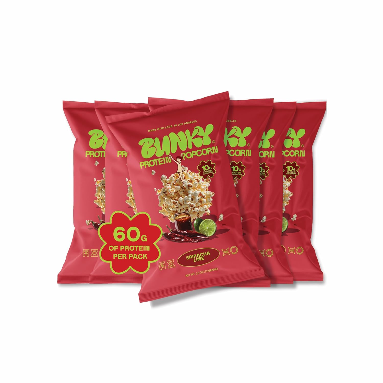 BUNKY Protein Popcorn | Premium High-Protein Air-Popped Snack | Aged White Cheddar & Sriracha Lime | Low Calorie, High Fiber, Guilt-Free Crunch | 10g Protein per Bag | Healthy Post-Workout Snack (2.5 Ounce (Pack of 6), Sriracha Lime)