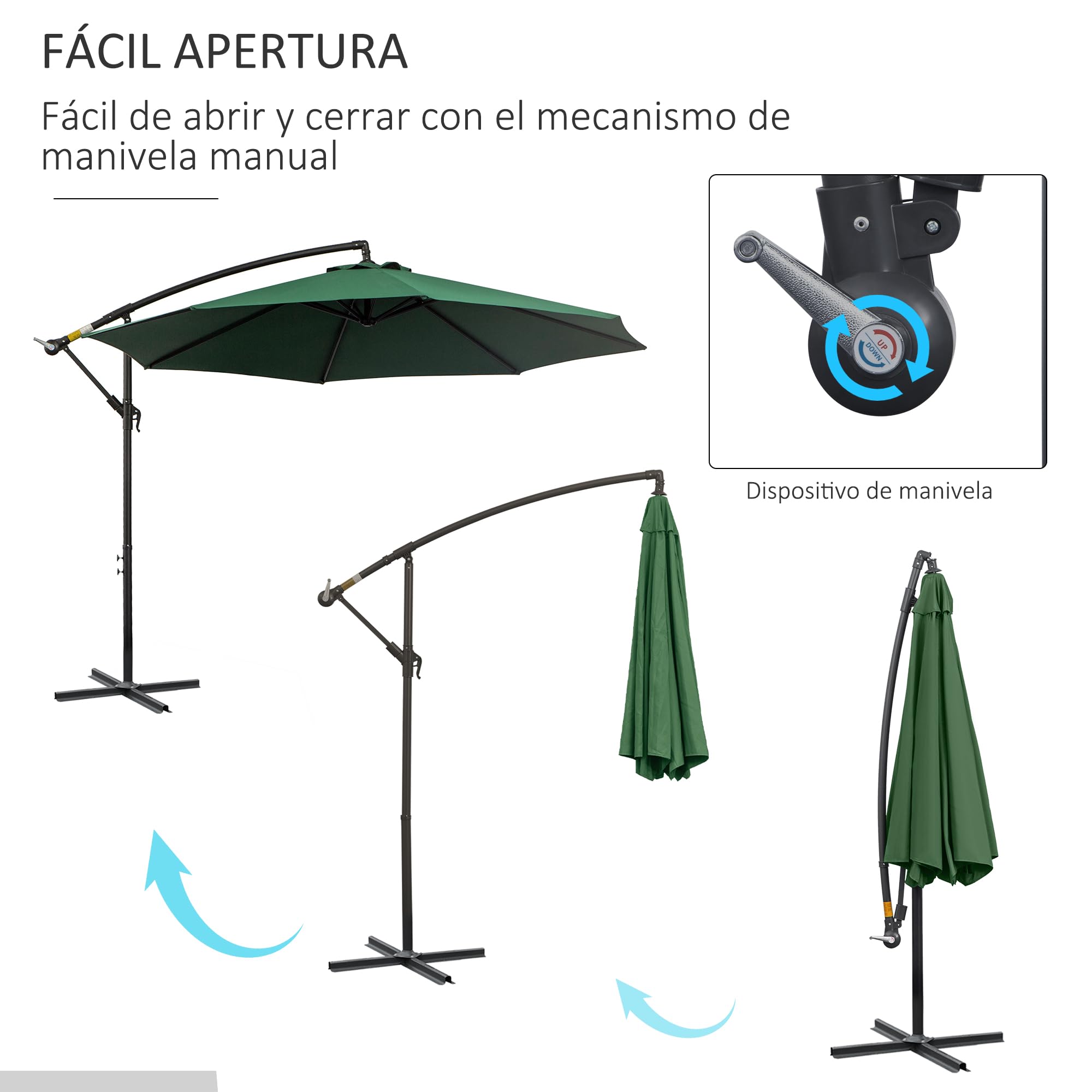 Outsunny Parasol Excéntrico Ø 295 cm Sombrilla de Jardín con Ángulo Ajustable en 3 Posiciones Base Cruzada y Manivela Tela Poliéster 180 g/m² Sombrilla para Terraza Patio