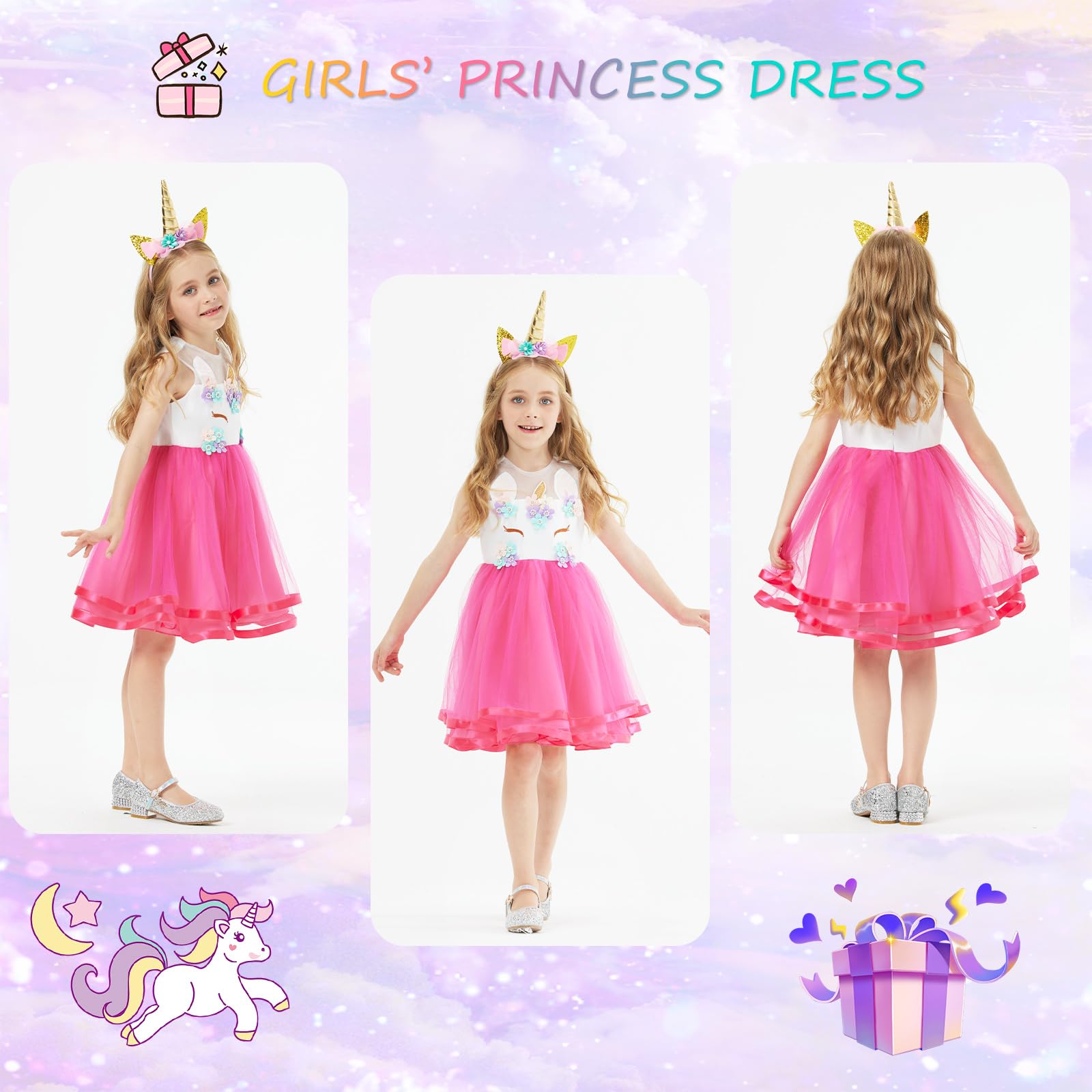 URAQT Vestito da principessa, da bambina, per cosplay, carnevale, feste, matrimoni, principessa, con collana e fascia
