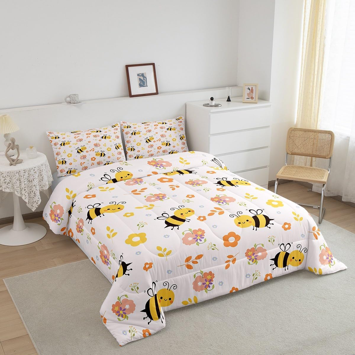 Feelyou Cute Bee Comforter Set Full Size Honeybee Kids Down Comforter for Boys Girls Teens Kawaii Bugs and Flowers Bedding Set Cartoon Wild Animal Farmhouse Quilt Set Bedroom Decor Duvet Insert