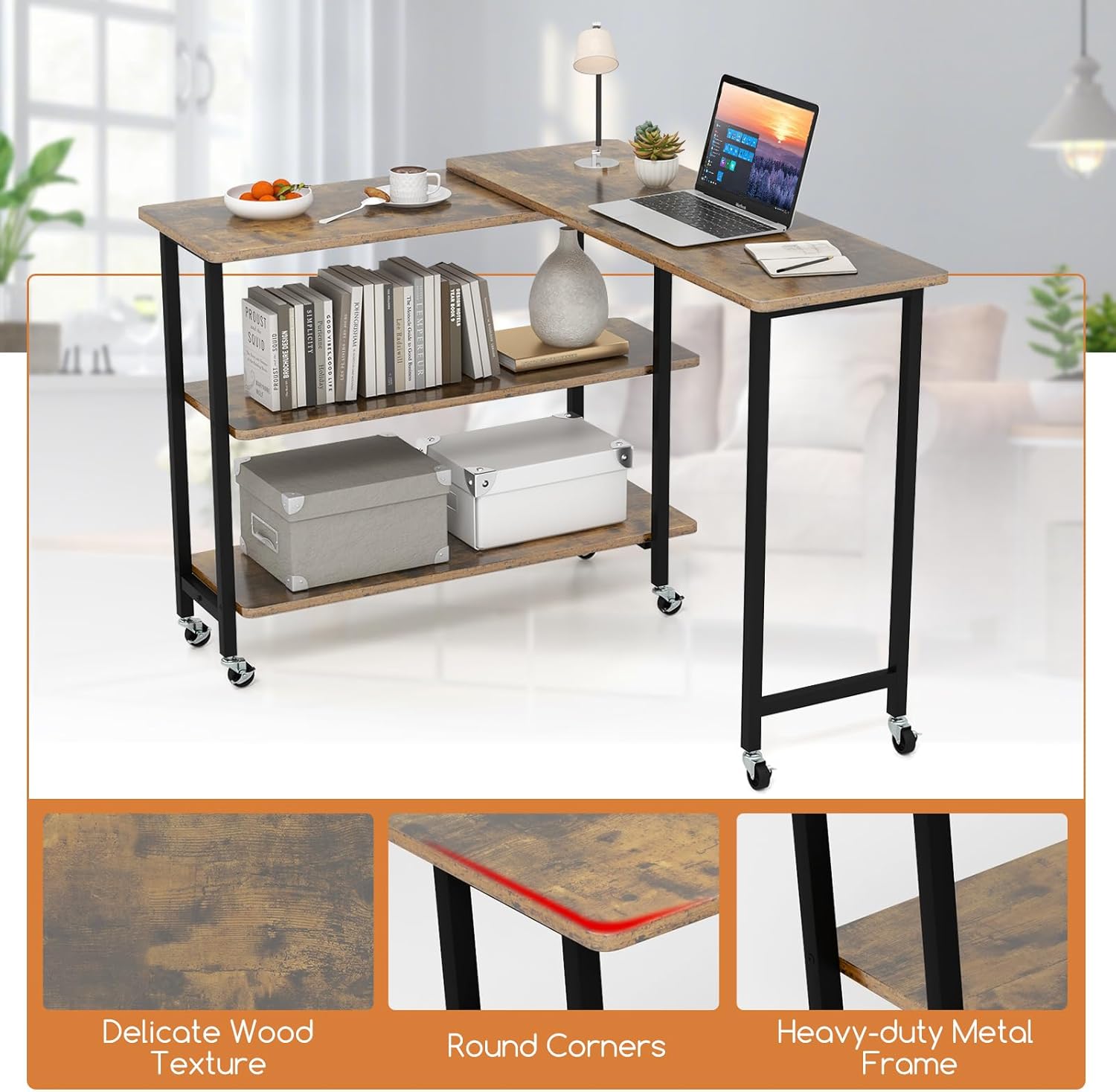 GOFLAME 360° Rotating Sofa Side Table, Mobile End Table Couch Side Table with 2-Tier Storage Shelves, Swivel Rolling Desk w/Metal Frame, 6 Casters, Movable Laptop Table for Home Office, Brown