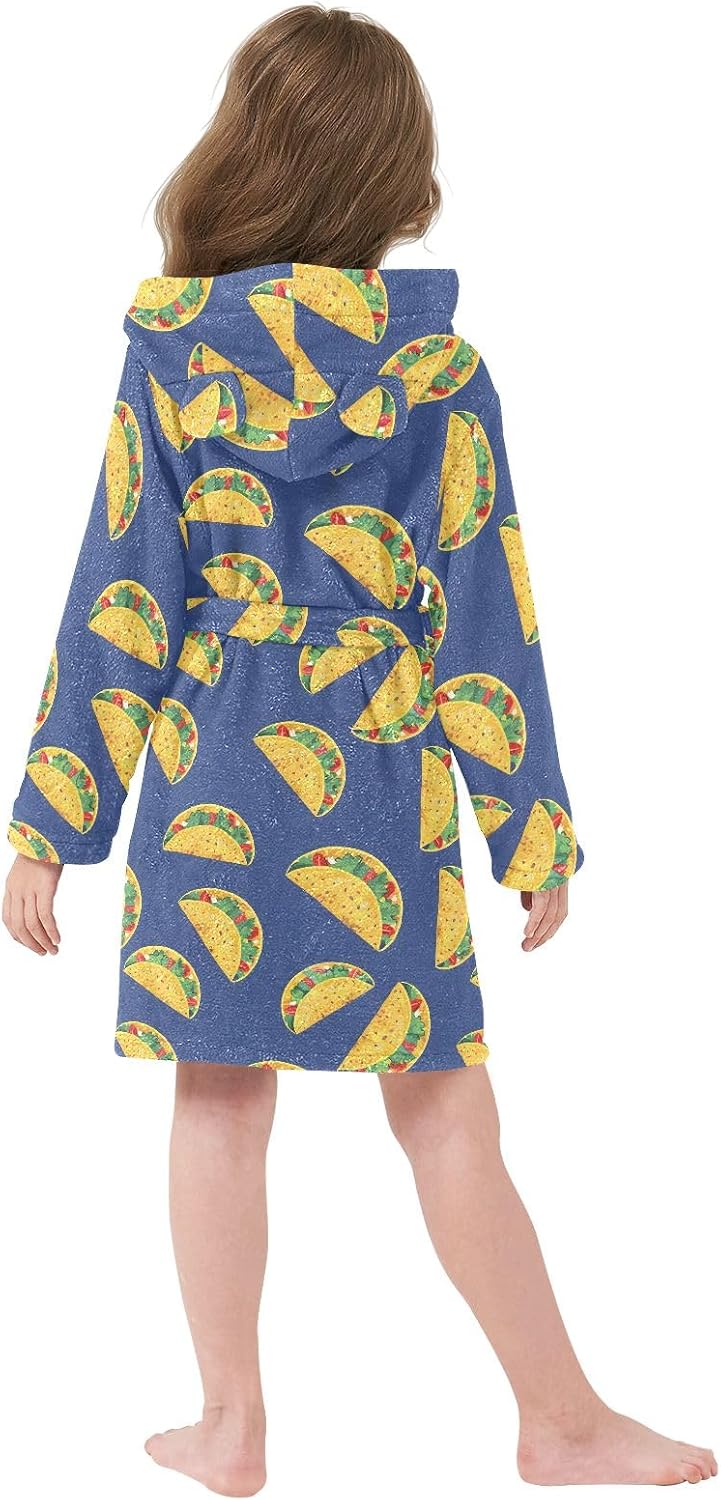 Cartoon Tacos Navy Pattern Toddler Hooded Bathrobe for Boys Girls Soft Plush Bath Towel Robe 2-12 Years