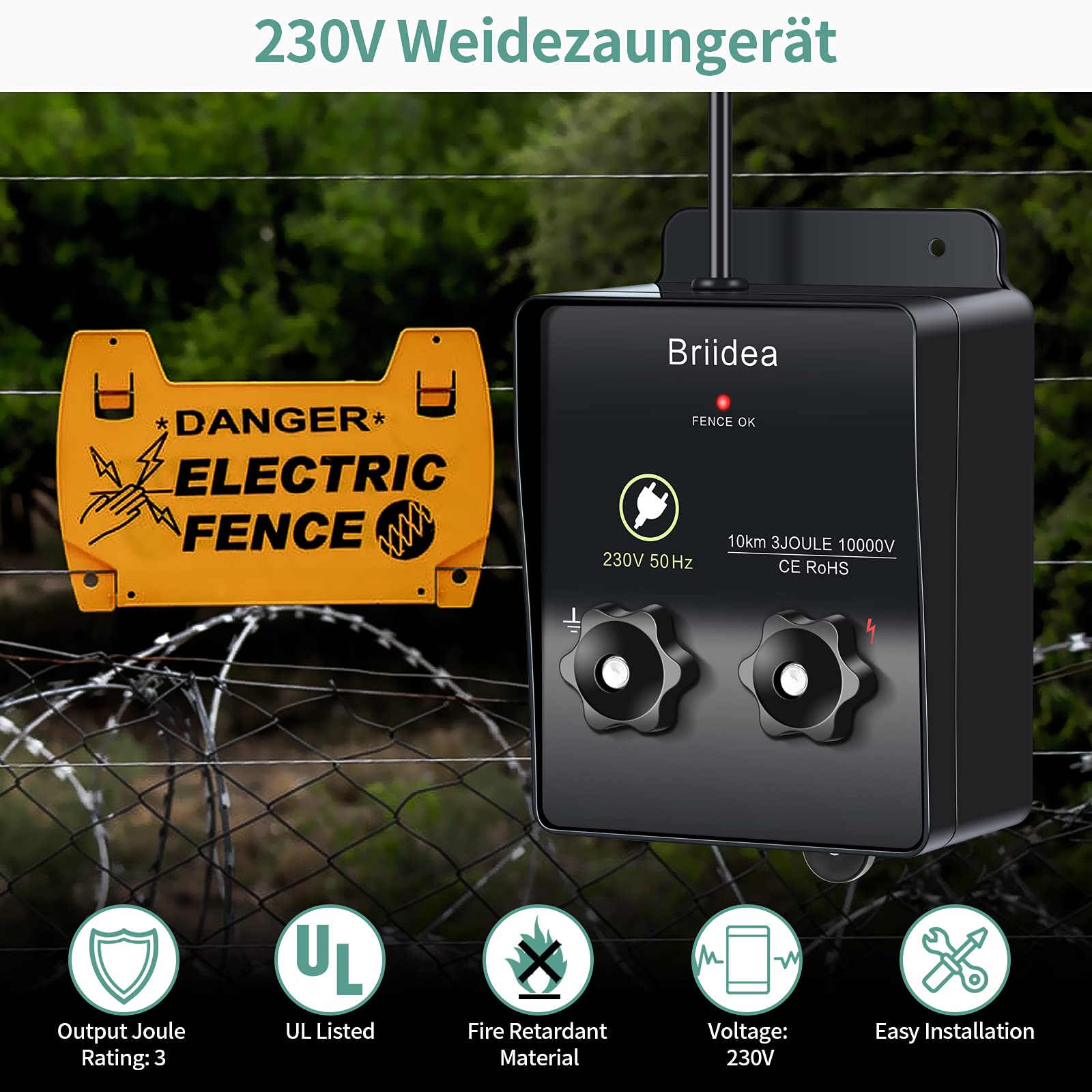 230V Weidezaungerät, Briidea 6.2 Meilen Elektrozaungerät für Hundezaun, Viehzaun, Eichhörnchen, verwendet für Gärten, Hühnerställe, Einfache Installation, 3 Joule