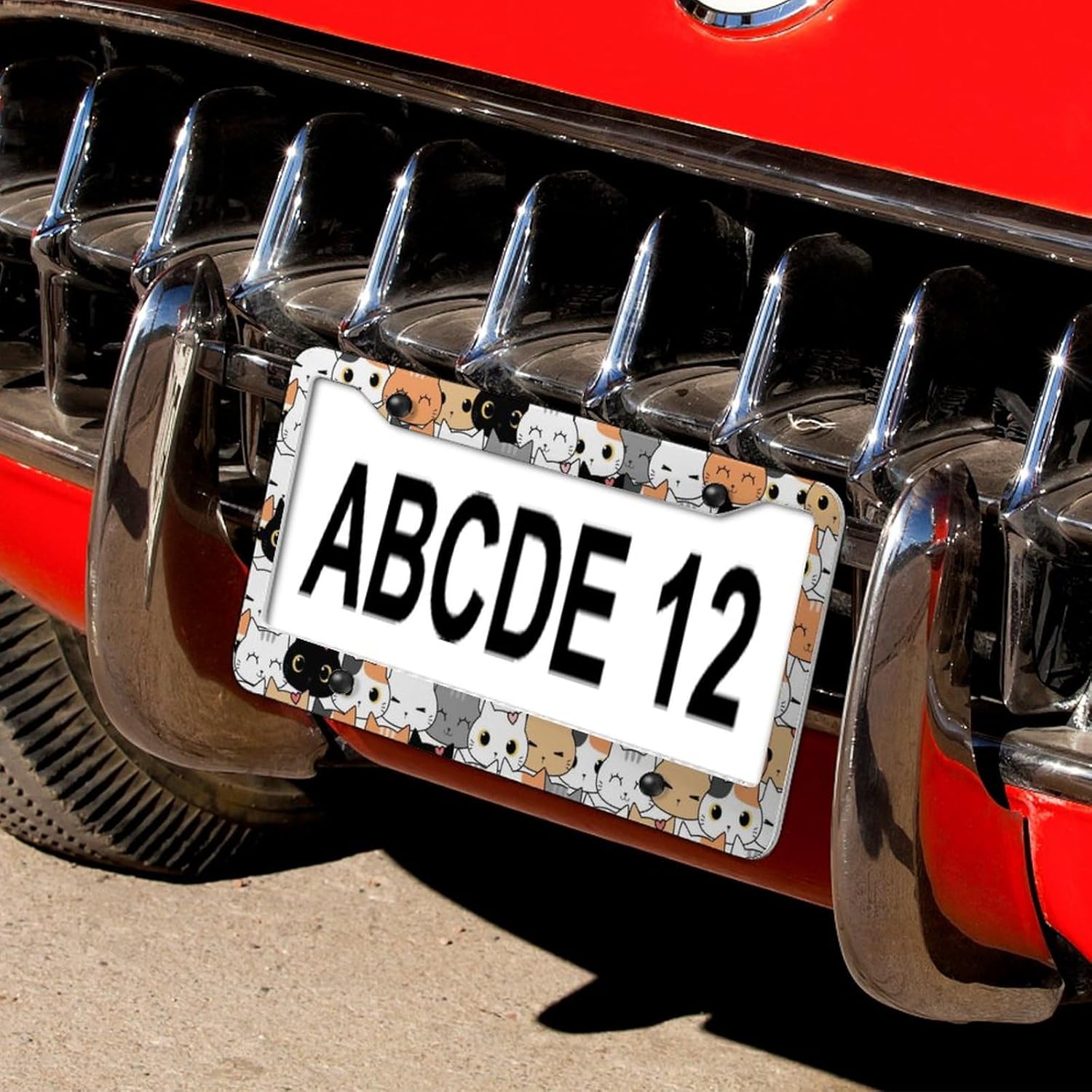 Cute Cat License Plate Frame & Cat Steering Wheel Cover Fashion Aluminum License Plate Covers Anti-Slip Breathable Steering Wheels Protector with Screws Fasteners Caps for Men Women, 3PCS
