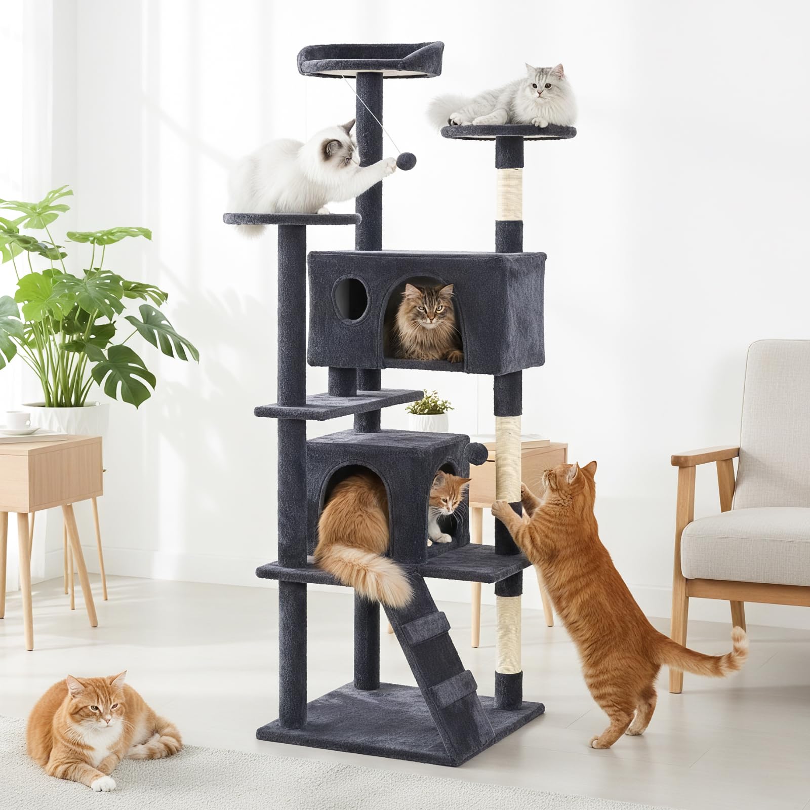 Aidoly Large Cat Tree 70 Inch, Multi-Level Cat Tree Tower with Condo, Perches, Sisal Scratching Posts and Climbing Ladder, Pet Play House with Dangling Balls for Indoor Cats, Dark Grey