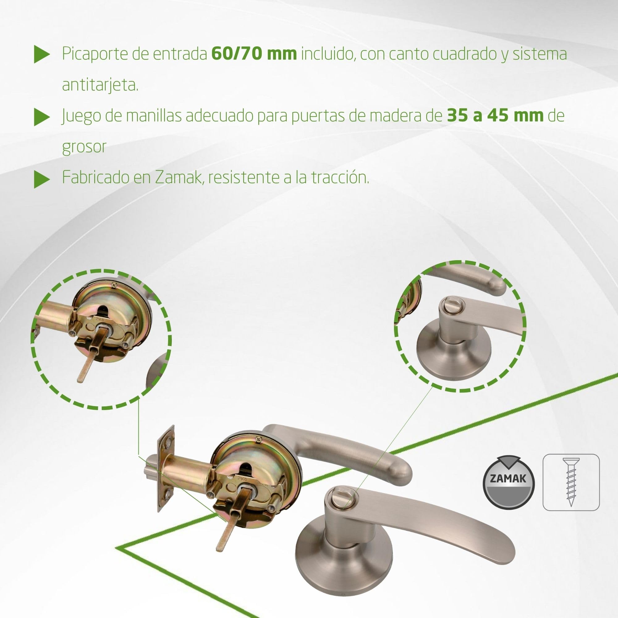 Amig - Juego de 2 Manillas de entrada con Picaporte - Con Llave Exterior y Condena Interior - Sistema Antitarjeta - Latón - Cromado mate - Picaporte de entrada de 60/70mm