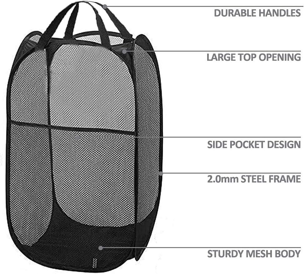 2 Packs Mesh Pop up Laundry Hamper (Black) with Portable, Durable Handles, Collapsible for Storage, Foldable Pop-Up Laundry Bags for Kids Room, College Dorm or Travel