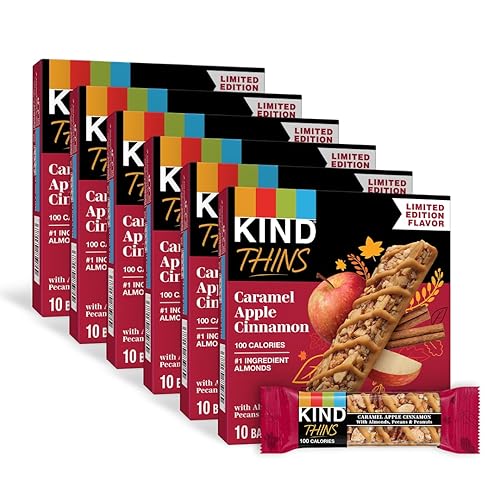 KIND THINS Caramelo Manzana Canela con Almendras, Nueces Pecanas y Maní, Sin Gluten, 100 Calorías, Bocadillos Saludables, 10 Barras (Paquete de 6,