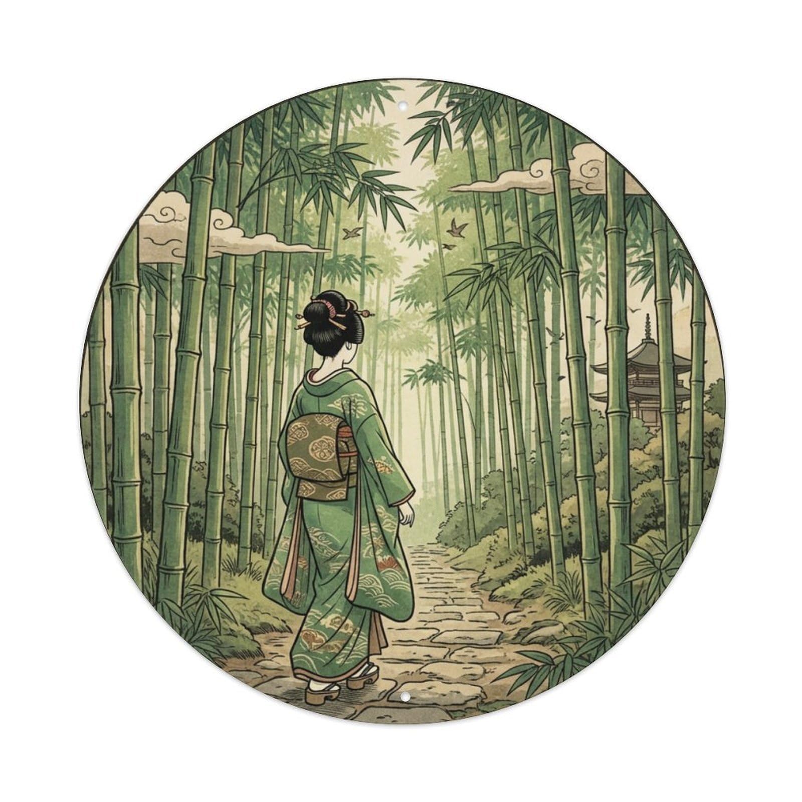 Cwbufd Vintage Style Japanese Kimono Lady Bamboo Path Walking Heritage Motif Vintage Metal Tin Sign Plaque Wall Decor For Cafe, Club Bar, Office, Garden Metal Poster 8X8inch