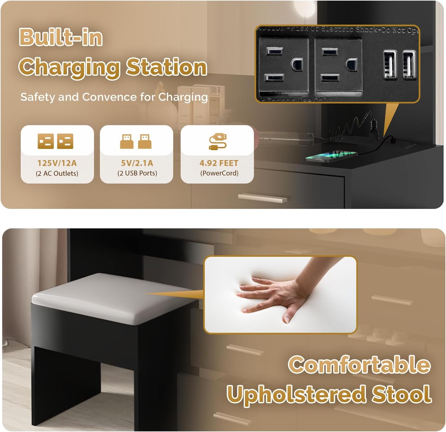 VINGLI 59'' Vanity Set with Lights & Mirror, Large Makeup Set with 8 Drawers & 2 Shelves & 1 Mirror Cabinet & Lights in 3 Colors & Power Outlets for Dressing Room Bedroom, Black