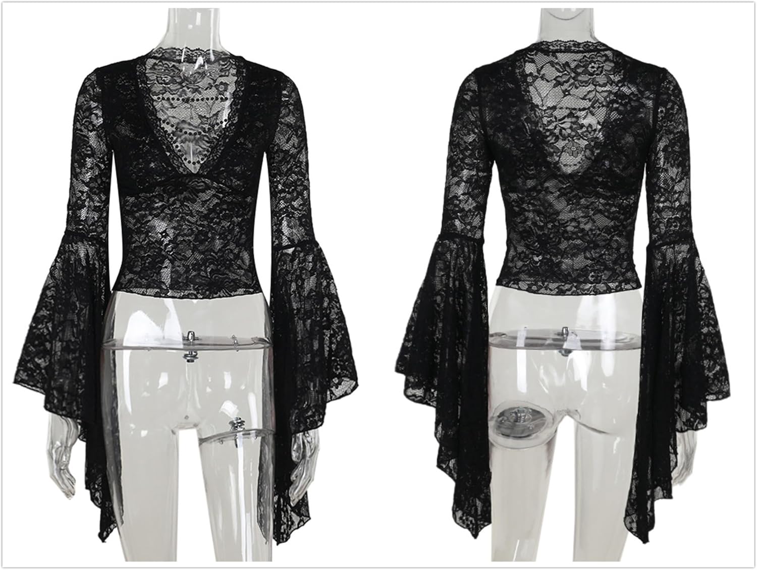 win2win Women Vintage Flowy Deep V Neck Top T Shirt - Lace See Through Bell Long Sleeve Floral Goth Tee Going Out - Image 6