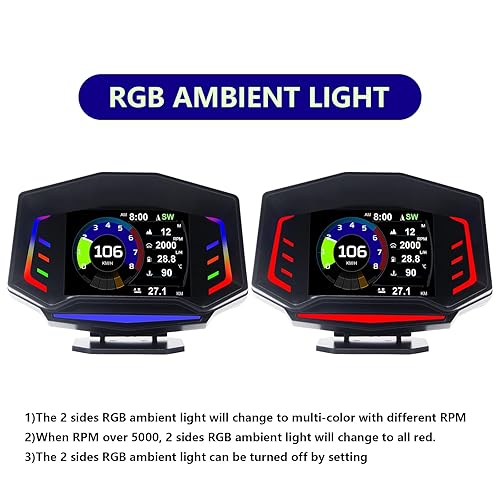 Miniatura 7 de Pantalla frontal para coche, sistema dual universal OBD2, modo GPS, medidor de pendiente HUD, indicador inteligente con luz ambiental RGB,