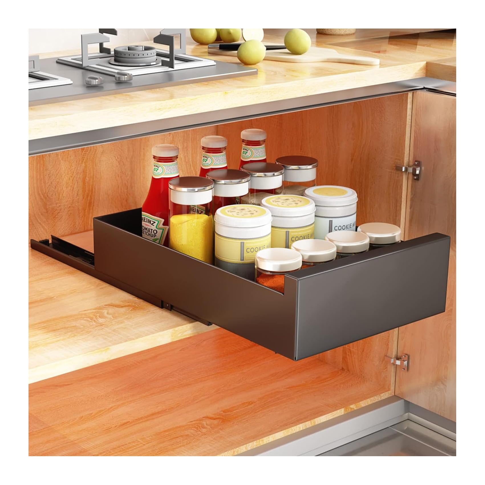 M&Catree Teleskopschublade Ausziehbare Schublade Aufbewahrungsregale für Küchenschränke Ordnungshelfer für tiefen Küchenschränken oder Badezimmerschränken (25x43x8cm) - Black