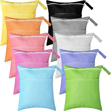 Woanger 10 Pack Wet Dry Bags for Baby Cloth Diapers Waterproof Reusable Travel Bags with Two Zippered Pockets Pool Beach Pouch for Swimsuit Beach Pool Daycare Yoga Gym Dirty Wet ClotheClassic Color