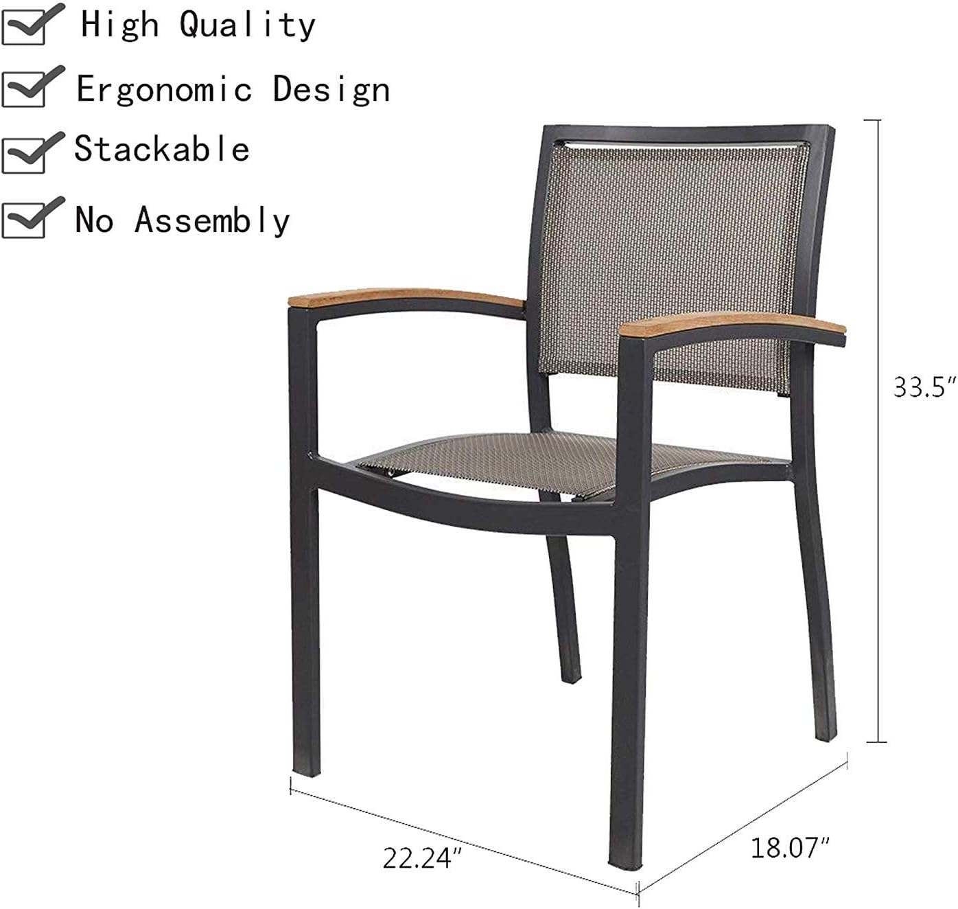 4 Pack Stackable Indoor/Outdoor Patio Dining Chairs with Teak Armrest,Textilene Mesh Fabric Aluminum Frame,Gray