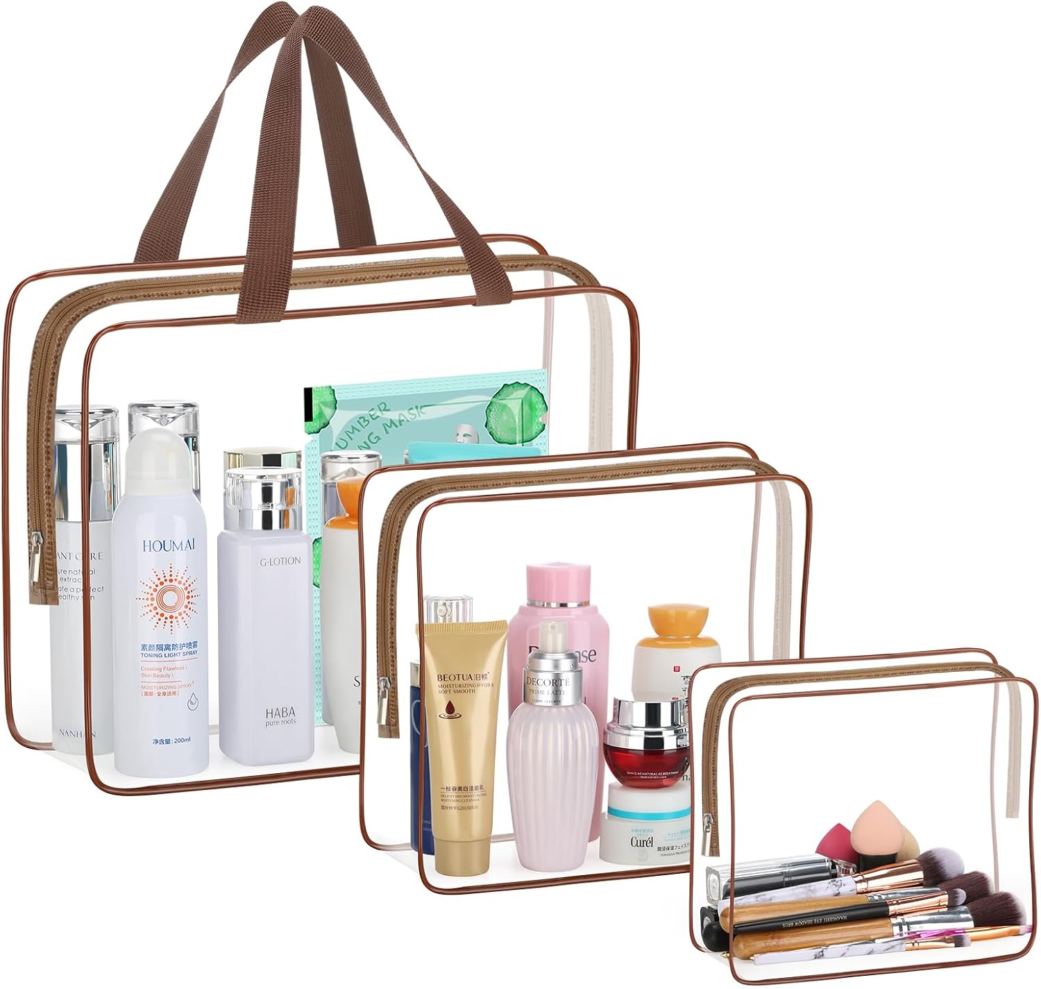 HAOGUAGUA 3 Pieces Large Clear Travel Bags for Toiletries, Waterproof Clear Plastic Cosmetic Makeup Bags, Transparent Packing Organizer Storage Bags, Coffee, Clear Travel Bags for Toiletries