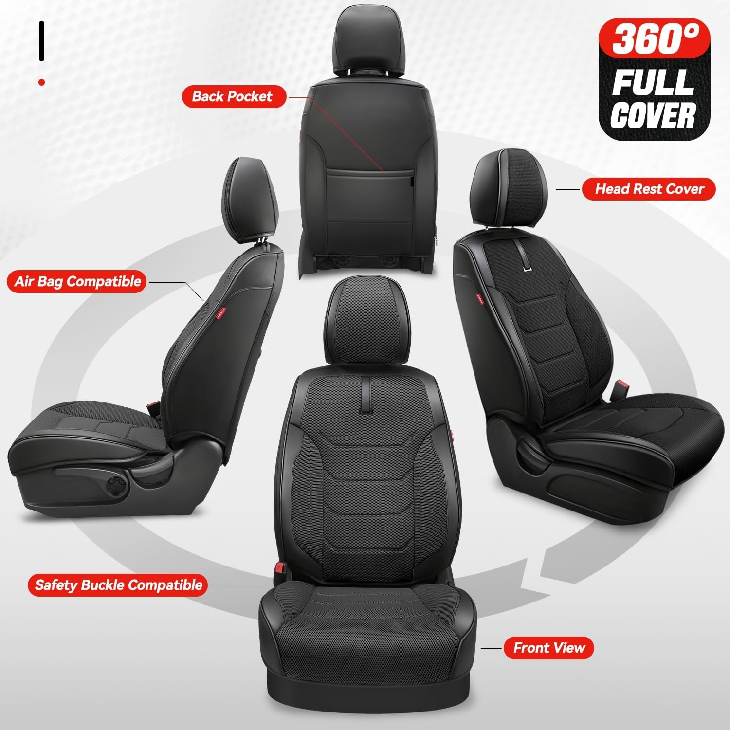 Auto Dynasty Car Seat Covers Front Set, Anti-Slip Automotive Interior Covers with Storage Pocket, Breathable Car Seat Protectors, Airbag Compatible, Universal Fit Most Vehicles, Black (Sport Series)