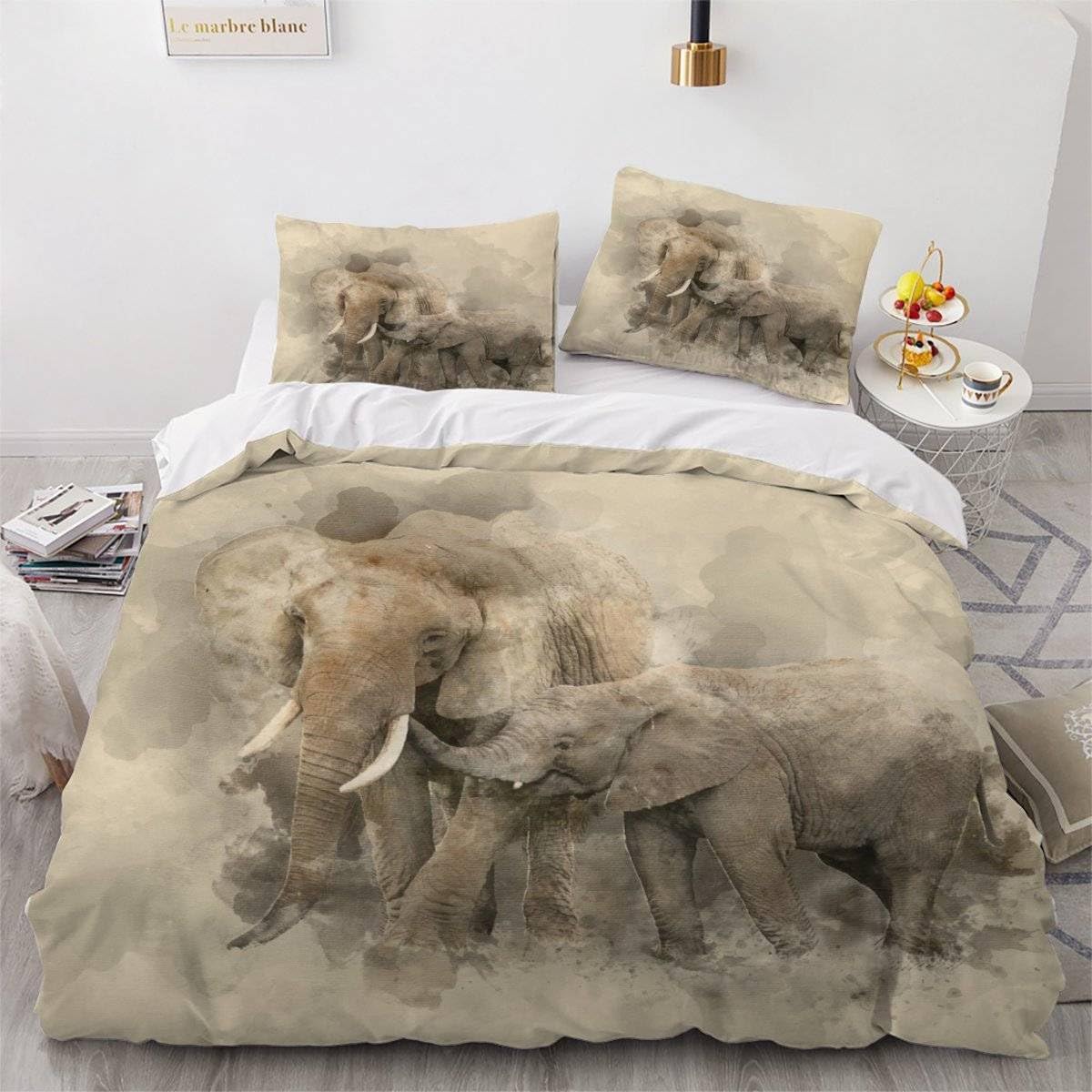 MEVASA King Bedding Set Elephant 3d Printed Girls Boys Adults Soft Microfiber Fluffy Breathable Kingsize Duvet Cover Set Hand Drawn Vintage Elephant Bedding King Size with 2 Pillow Cases /230x220