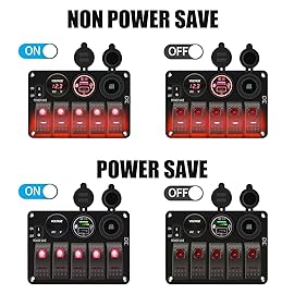 FXC Waterproof Rocker Switch Panel Red 5 Gang with QC3.0 USB & Type-C Slot Socket + Cigarette Lighter +LED Voltmeter with Power Save for Car Rv Marine Boat Truck