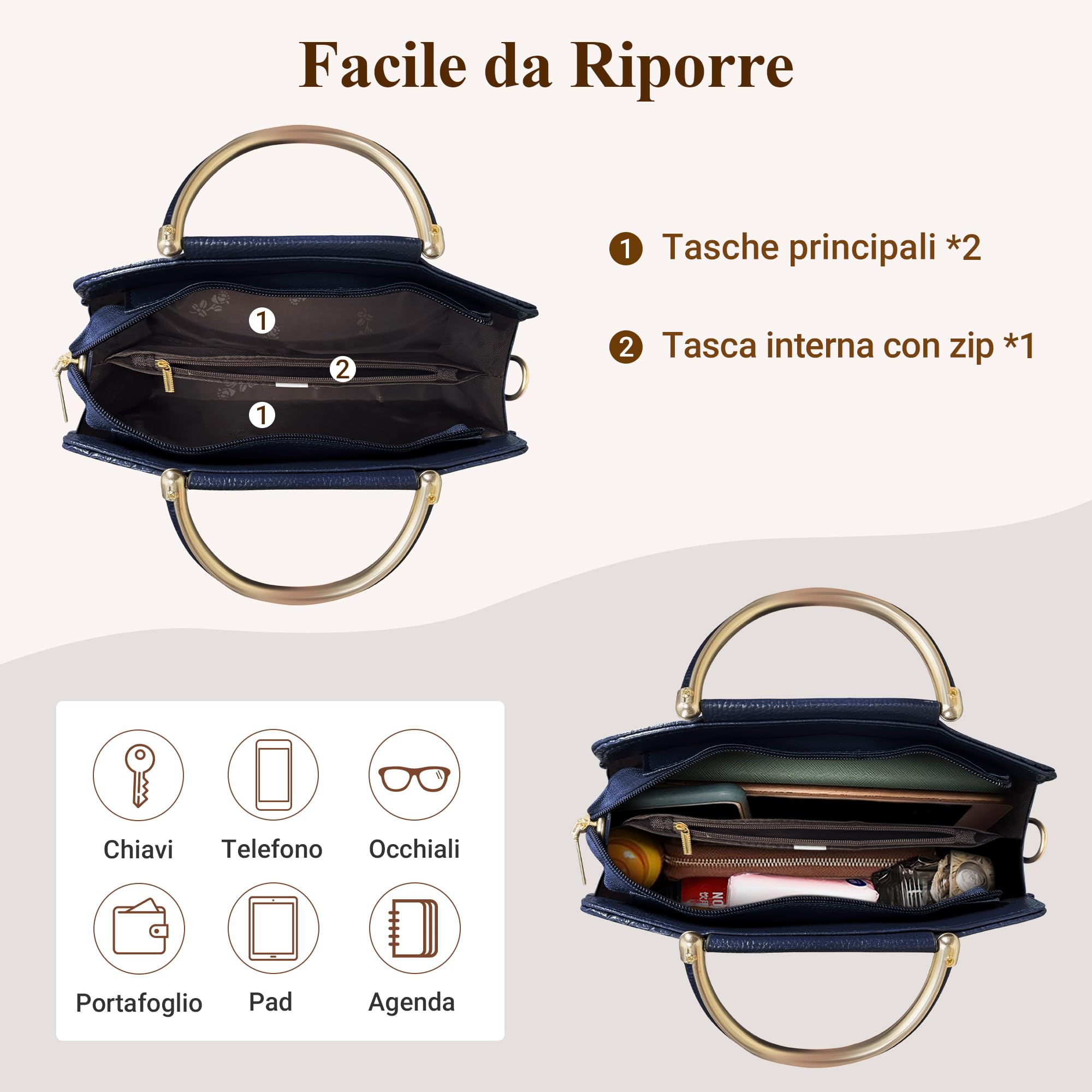 DIRRONA Donna Borse Mano Casuale Borsa Tracolla Viaggio Messaggero Borsa Texture a Forma di V Donna Borsa Shopper Quotidiano Borsa Da Donna Ciondolo in Metallo Fulvo Blu
