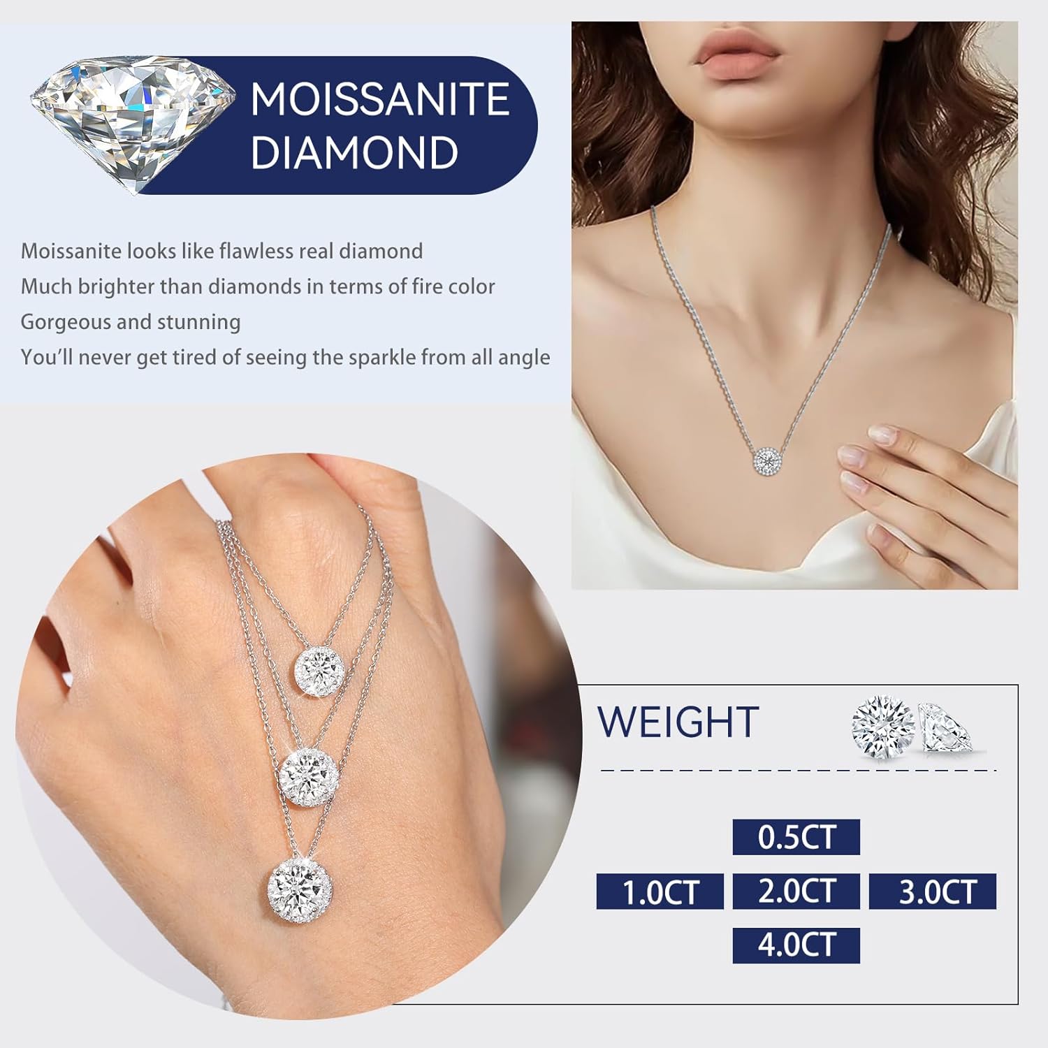 Moissanite Necklace Halo Gifts for Women, 0.5CT-4.0CT 18K White/Yellow Gold Vermeil 925 Sterling Silver Valentines Presentfor Her, Lab Created Dimaond Pendant with GRA Certificate of Authenticity - Image 2