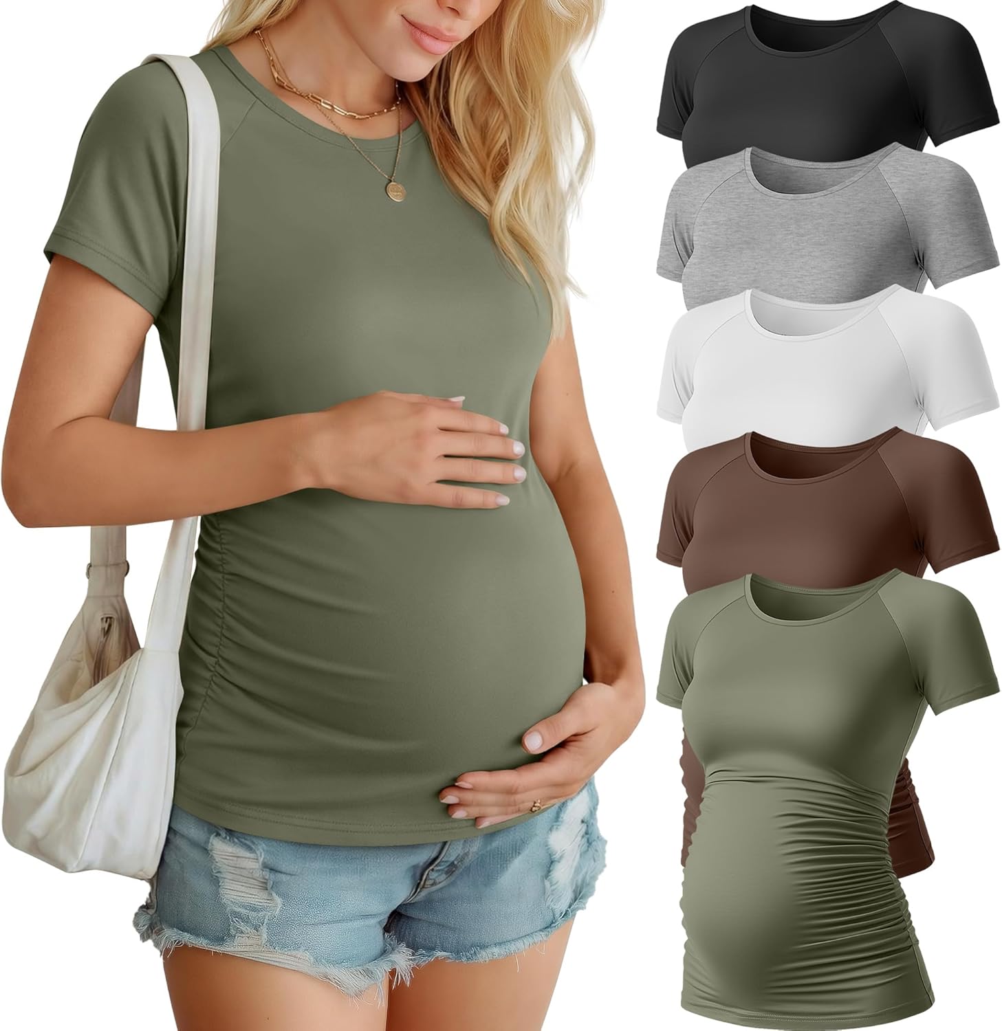 Ficerd 5 Pack Women's Maternity Shirts Short Sleeve Side Ruched Pregnancy Tops Raglan Tee Tunic Casual Mama Clothes
