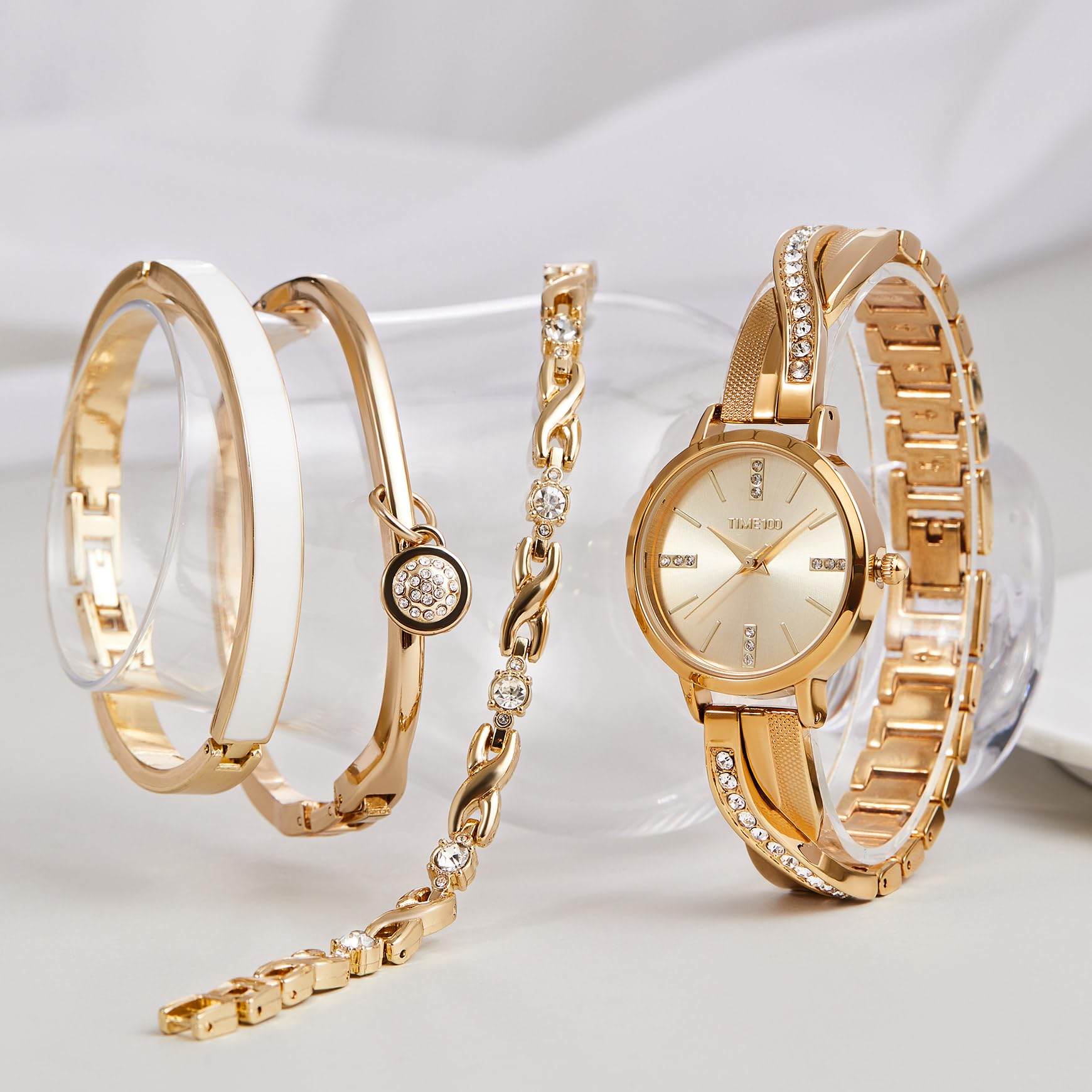 TIME100 Set Orologio Bracciale da Donna Elegante Orologio da Donna in Acciaio Inossidabile，Bracciali Decorati con Cristalli,Set di Braccialetti con Decorazione in Cristallo Premium Regalo Donna